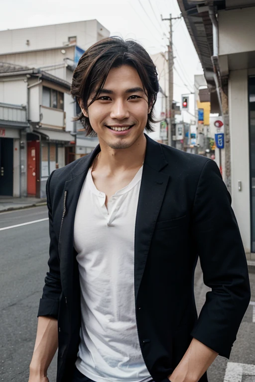 A handsome and cool Japanese man with hair swept to the side like a brave anime hero is traveling and smiles sweetly.