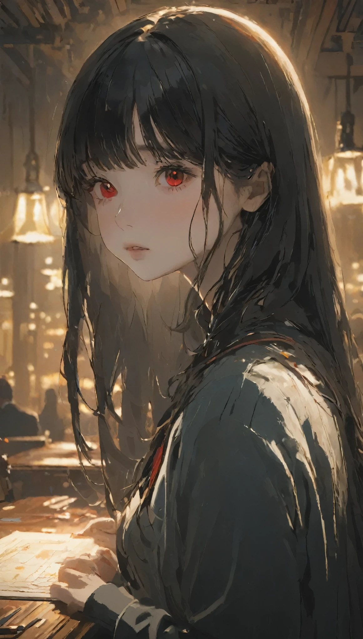 masterpiece, Very detailed, highest quality,
Beautiful lighting, One girl, alone, board member, Black Hair, Red eyes, Long Hair, Blunt bangs, Natural light