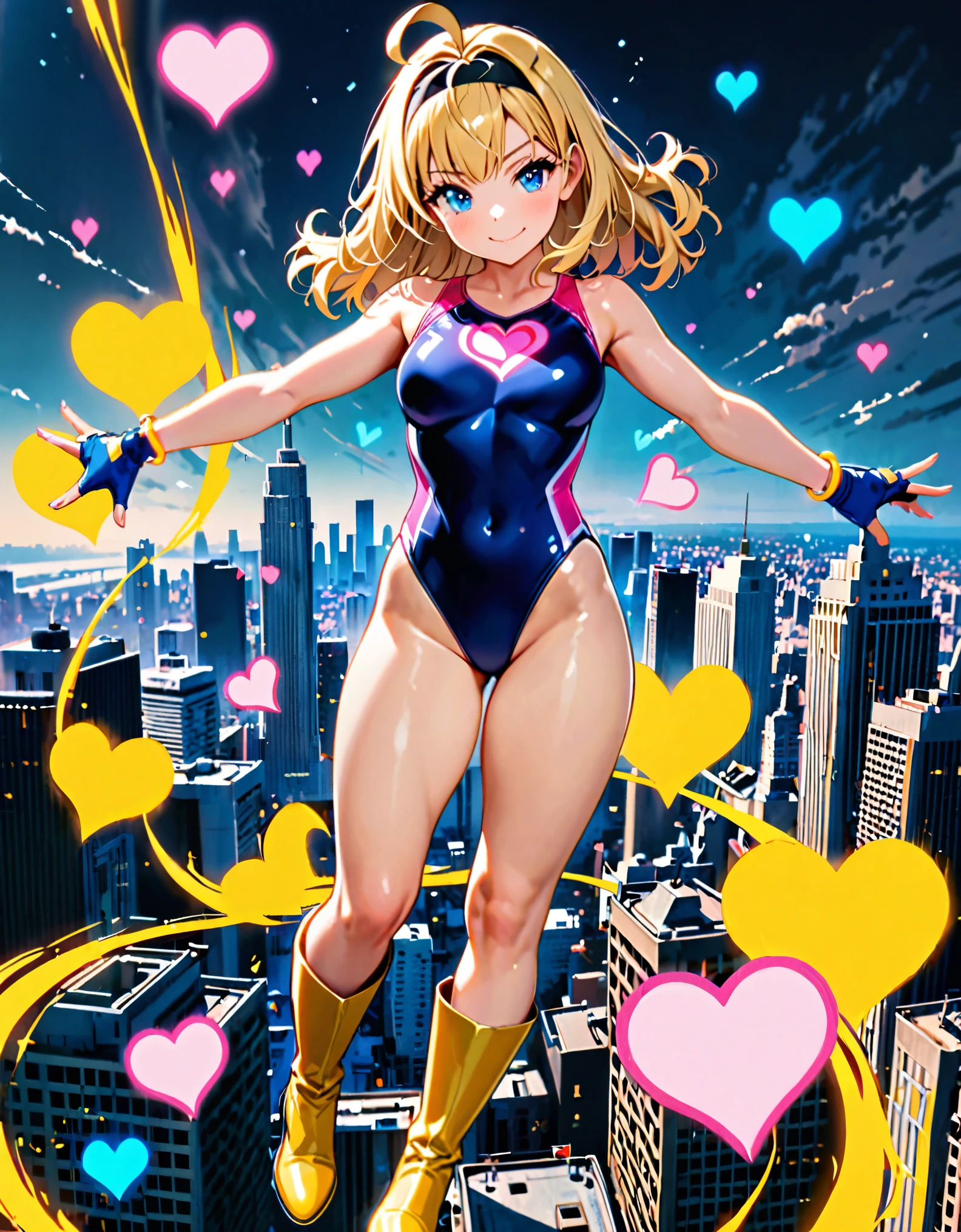 masterpiece, best quality, 1girl, ((bangs, blonde hair, armpit-length hair)), ((black headband)), blue eyes, beautiful detailed eyes, beautiful detailed face, cute face, perfect hands, complete fingers, perfect anatomy, perfect proportions, ((leotard, gymnastics leotard, dark blue leotard)), ((boots, yellow boots, yellow footwear, high heels)), breasts, medium breasts, covered navel, ahoge, ((blue fingerless gloves, yellow bracelets)), (full body portrait), ((pink heart logo on chest)), (skyline), looking at viewer, smile, solo, solo focus, floating, body infused with yellow aura, cowboy shot, using her powers.