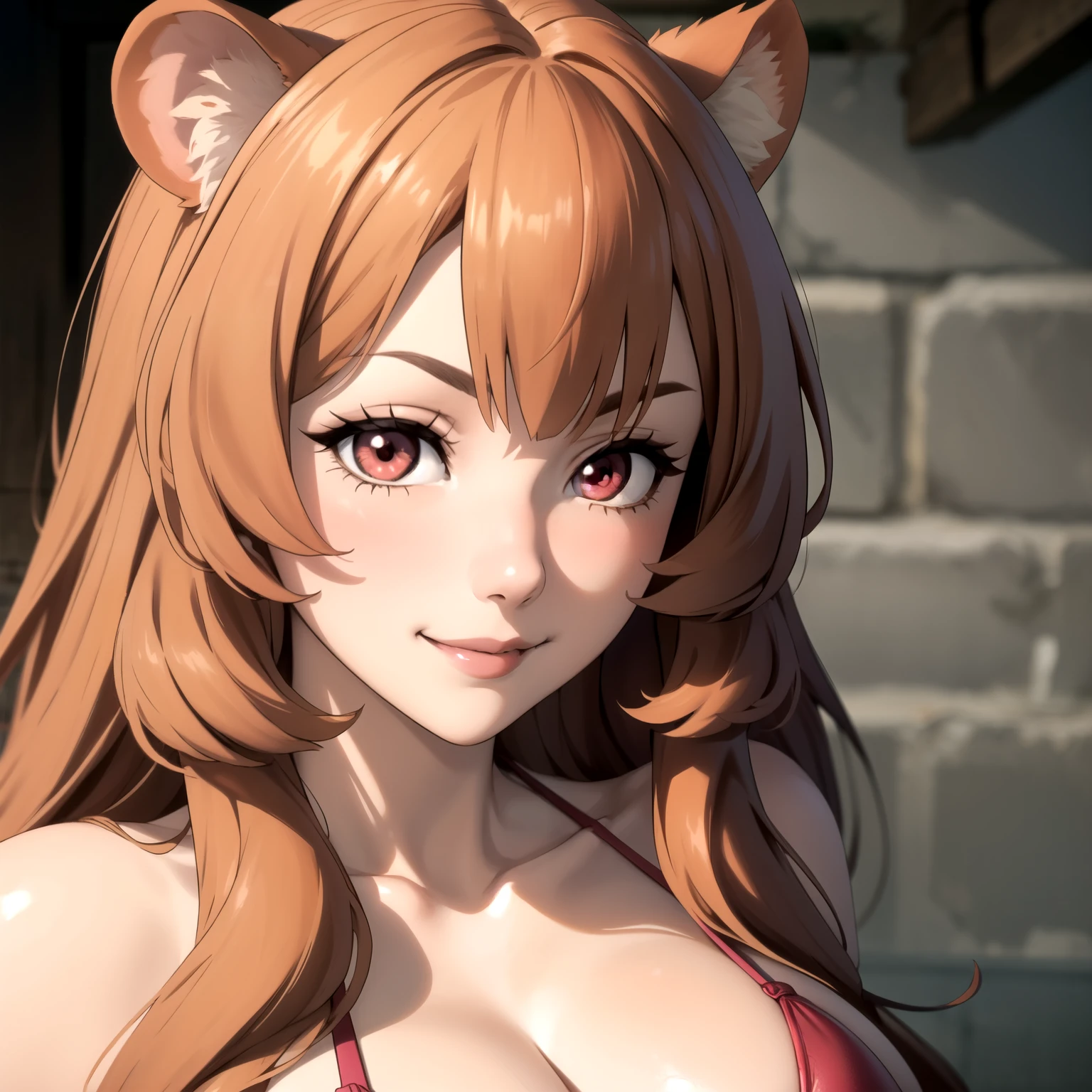 Raphtalia woman 35 years old straight orange hair , orejas de oso redondeadas, ruby red eyes., shy smile,  pale skin, big breasts pink bikini jaguar design,  breasts in front of the camera in close-up.  orejas de oso , cabello liso,