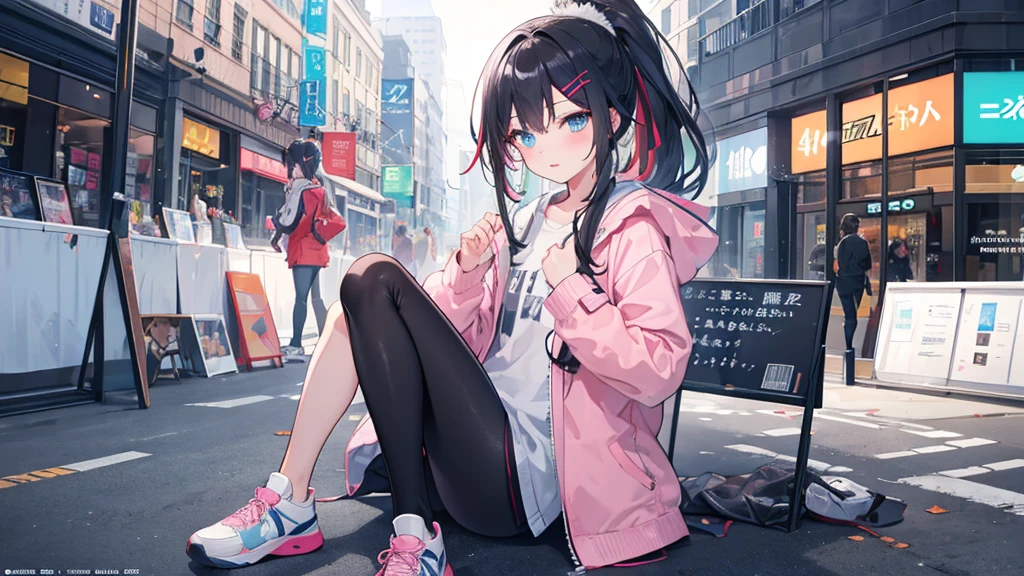Small chest,masterpiece,best quality,official art,extremely detailed CG unity 8k wallpaper,day,in autumn,game_cg,huge_filesize,Chinese,bishoujo,hair over shoulder,black hair,high ponytail,beautiful detailed eyes,blue eyes,sparkling eyes,shoes,mall,high-school student,streaked hair(blue),Grey long T-shirt,Light pink coat,Black socks,sneakers
