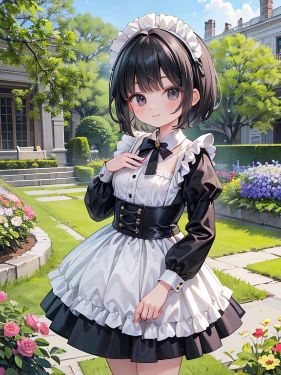 masterpiece, highest quality, Very detailed, 16k, Ultra-high resolution, Cowboy Shot, Detailed face, Perfect Fingers, 6 year old female,  Black eyes, Black Hair, short hair, Luxurious Western-style building, Black maid outfit, Garden of the mansion, flower bed, smile