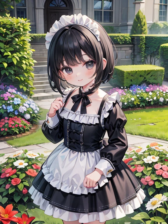 masterpiece, highest quality, Very detailed, 16k, Ultra-high resolution, Cowboy Shot, Detailed face, Perfect Fingers, 6 year old female, Black eyes, Black Hair, short hair, Luxurious Western-style building, Black maid outfit, Garden of the mansion, flower bed, smile