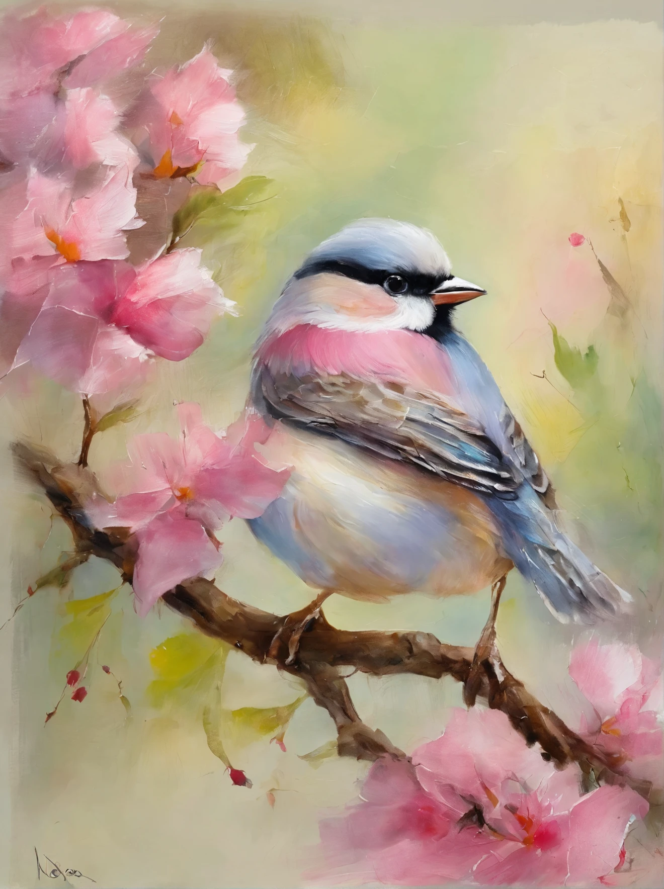painting of a bird with a pink breast sitting on a branch, a pastel by David Park, Artstation, fine art, painted in acrylic, oil painted, oil painting!!!, acrylic, “ painting, acrylic painting, oil on board, covered in oil painting, beautiful!!!!!!!!!, acrylic and oil painting, very stylized, an oil paiting of a sparrow