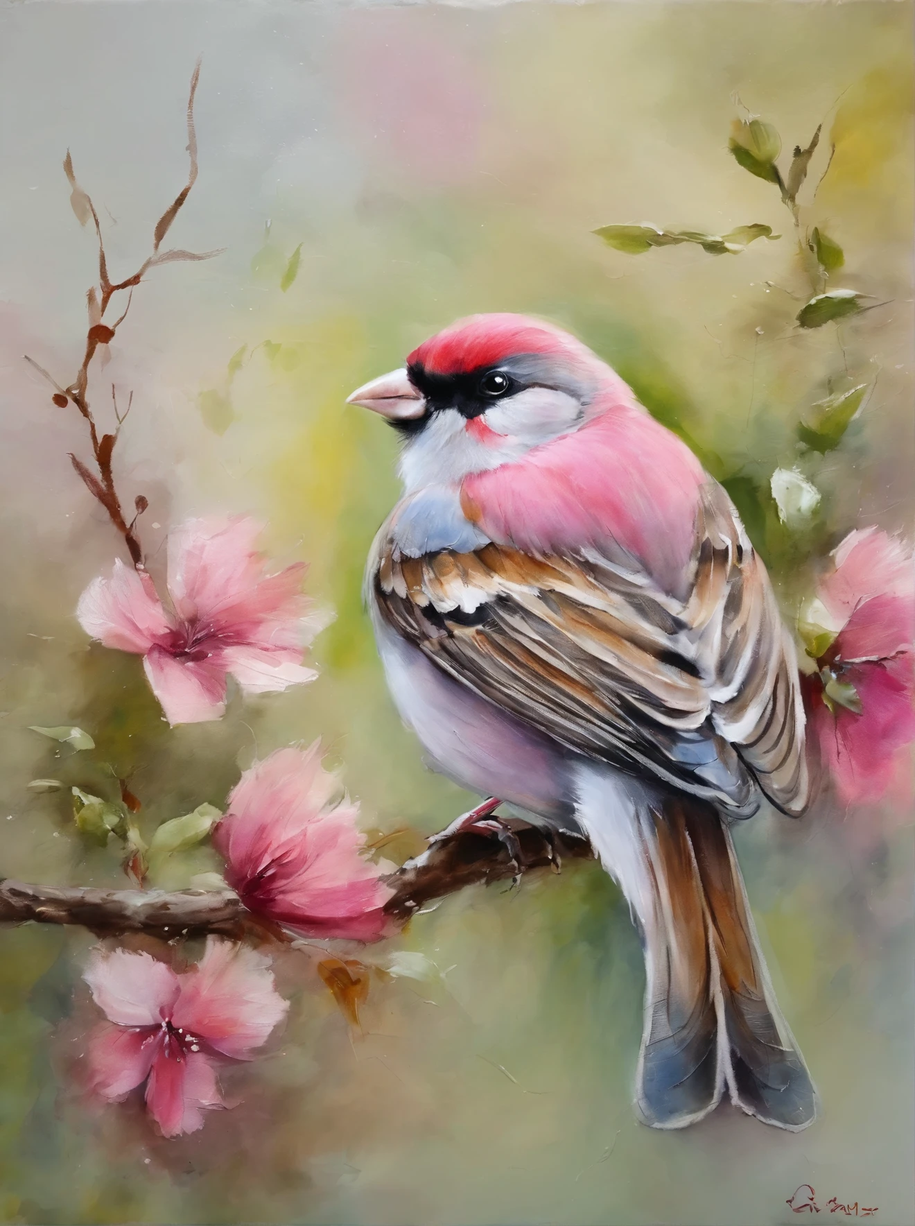 painting of a bird with a pink breast sitting on a branch, a pastel by David Park, Artstation, fine art, painted in acrylic, oil painted, oil painting!!!, acrylic, “ painting, acrylic painting, oil on board, covered in oil painting, beautiful!!!!!!!!!, acrylic and oil painting, very stylized, an oil paiting of a sparrow