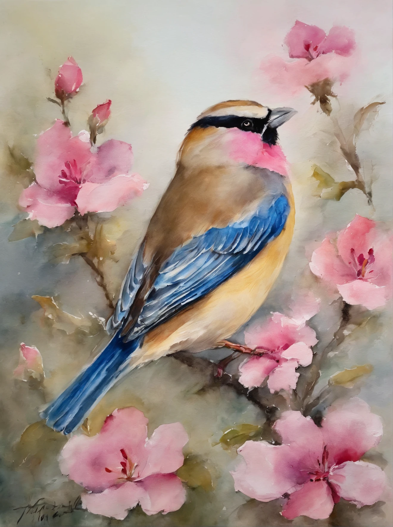 painting of a bird with a pink breast sitting on a branch, a pastel by David Park, Artstation, fine art, painted in acrylic, oil painted, oil painting!!!, acrylic, “ painting, acrylic painting, oil on board, covered in oil painting, beautiful!!!!!!!!!, acrylic and oil painting, very stylized, an oil paiting of a sparrow