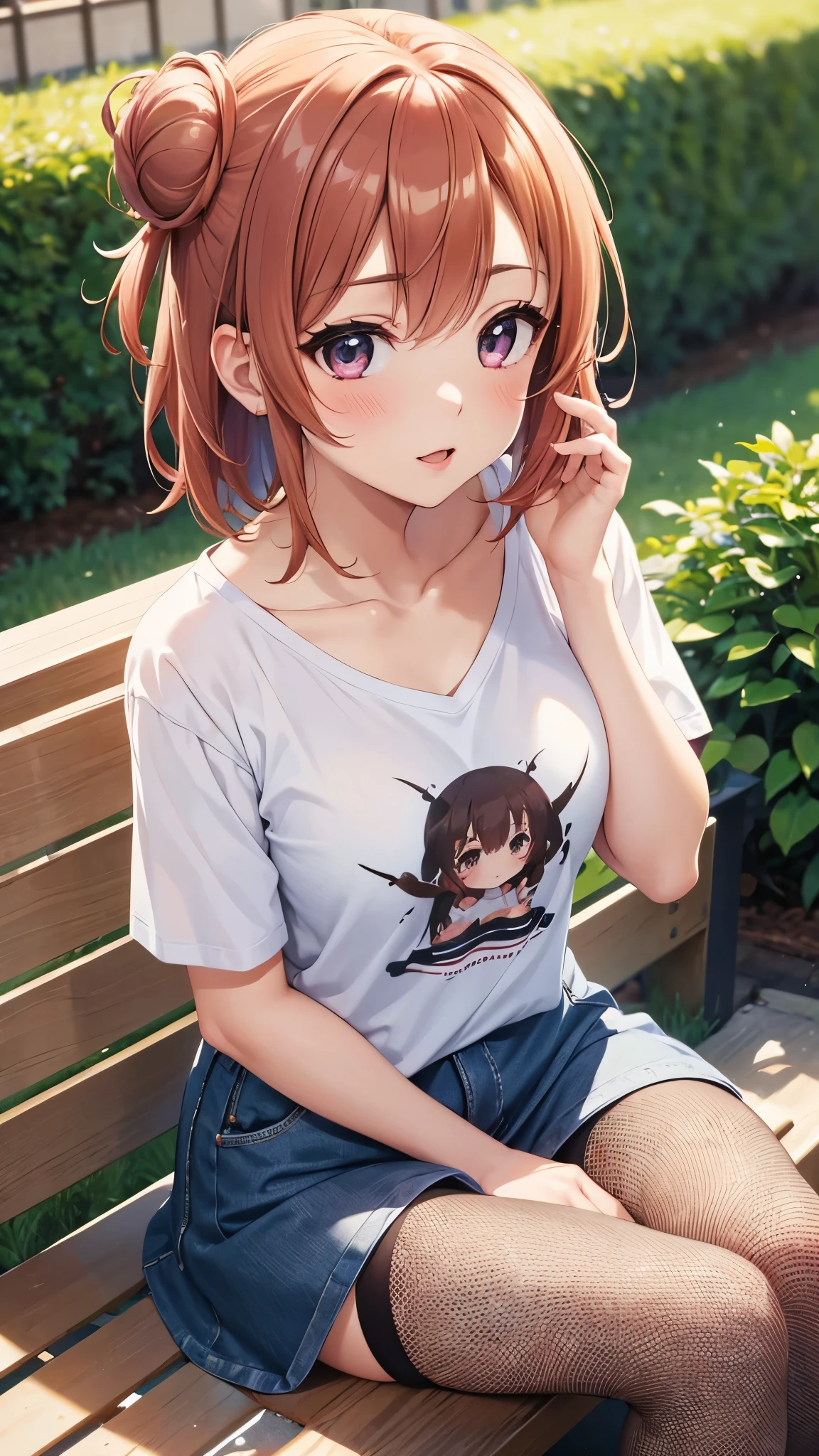 1girl, solo, masterpiece, best quality, high res, highly detailed, illustration, beatiful detailed eyes, yuigahama yui, single hair bun, glossy lips, light makeup, standing, t-shirt, (fishnet), collarbone, sitting