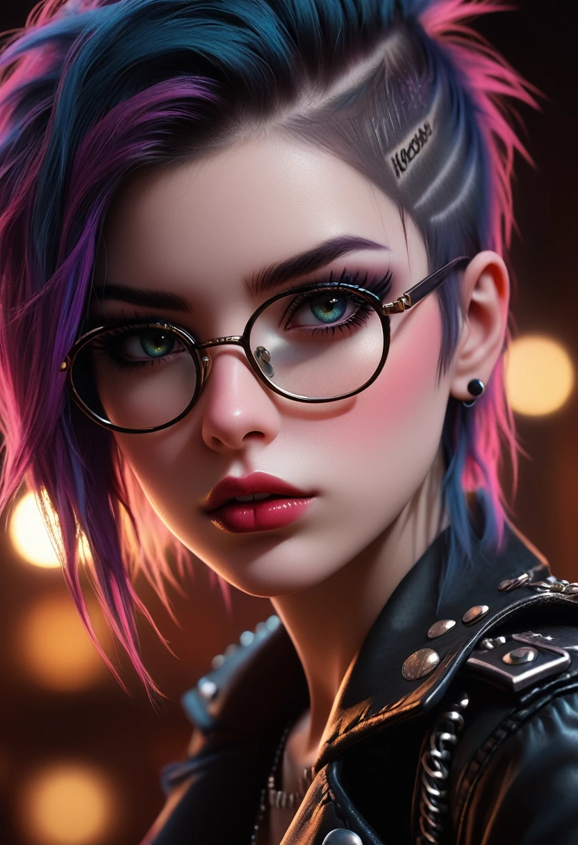 ((Best Quality)), ((Masterpiece)), ((Realistic)) and ultra-detailed photography of a 1nerdy girl with goth and neon colors. vibrant colors, She has ((black hair)), cleavage, wears a techwear jacket and exudes a vibe ((beautiful and aesthetic)), sexy, underboobs, hot, delicate face.