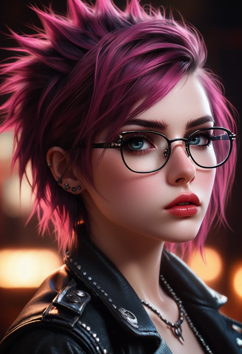 a punk girl with glasses, beautiful detailed eyes, beautiful detailed lips, extremely detailed eyes and face, long eyelashes, punk style, punk fashion, punk aesthetic, moody lighting, dramatic lighting, high contrast, cinematic, chiaroscuro, dark, gritty, edgy, intense, (best quality,8k,highres,masterpiece:1.2),ultra-detailed,(realistic,photorealistic,photo-realistic:1.37)