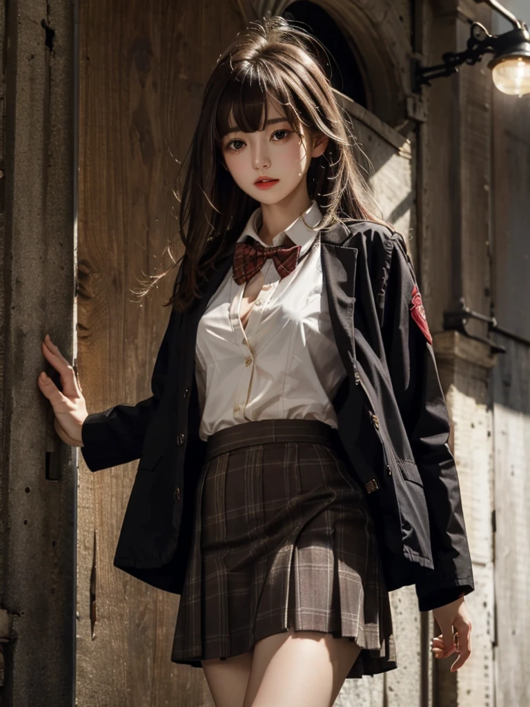 masterpiece, best quality, solo, 1girl, brown hair, long hair, bangs, brown eyes, medium breasts, red bowtie, , black jacket, open jacket, brown cardigan, white shirt, black skirt, plaid skirt, from below