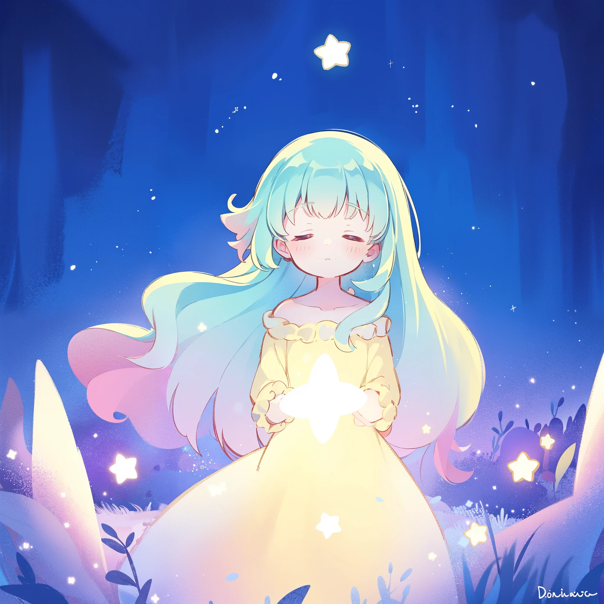 complex background, wishing star background, gradient colorful blue mint hair, a woman wearing an ethereal mystical pink translucent dress that reflects the stars, dreamy, peaceful, serene composition, glowing stars, glowing, complex drawing, highly detailed, ethereal, starry night, midjourney style
