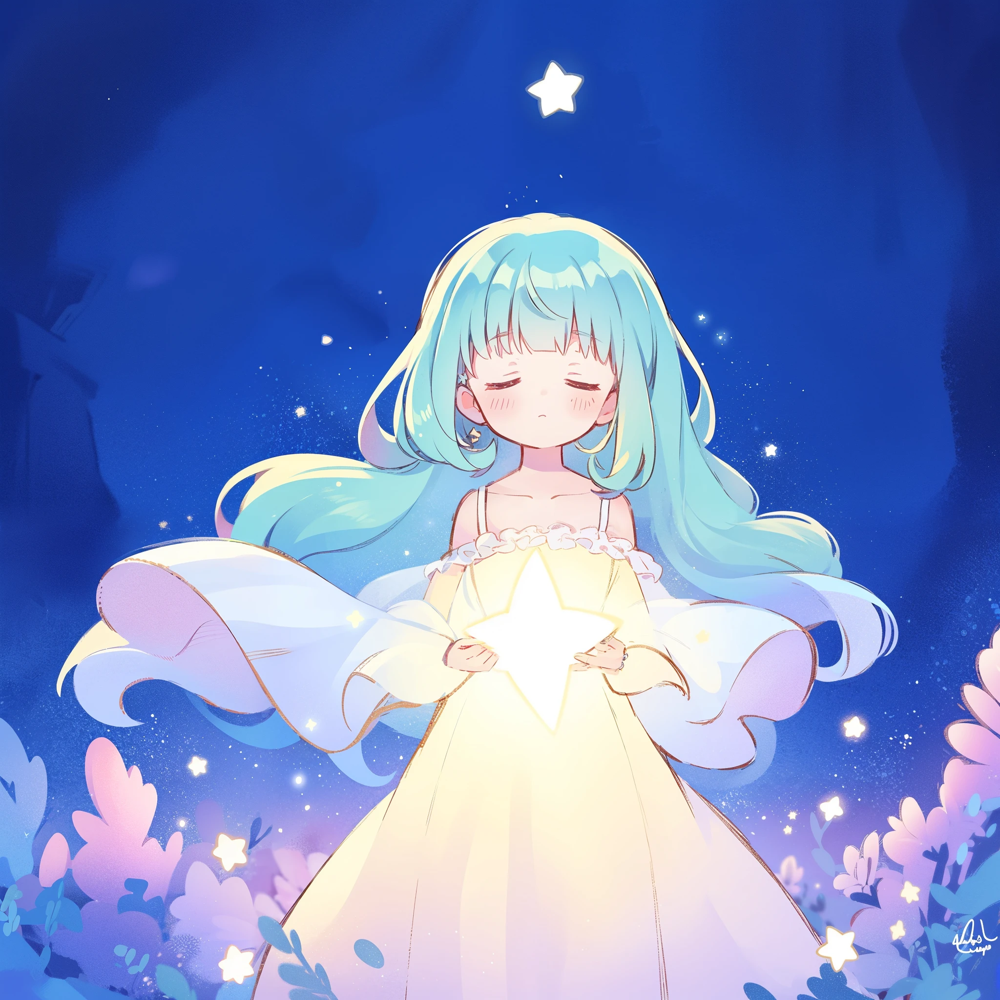 complex background, wishing star background, gradient colorful blue mint hair, a woman wearing an ethereal mystical pink translucent dress that reflects the stars, dreamy, peaceful, serene composition, glowing stars, glowing, complex drawing, highly detailed, ethereal, starry night, midjourney style