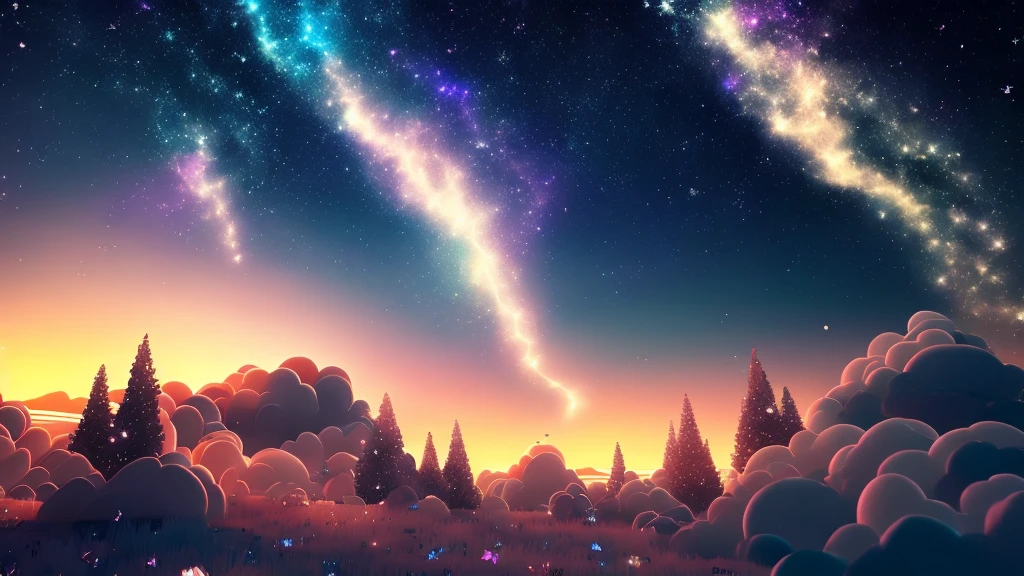 Generate an image of a starry sky with colorful clouds in soft tones. Add ethereal figures like butterflies or birds flying around, conveying a sense of freedom. Introduce simple, spaced-out platforms to launch the player into the dream environment. Lighting should consist of twinkling and soft lights, destacando a atmosfera de tranquilidade