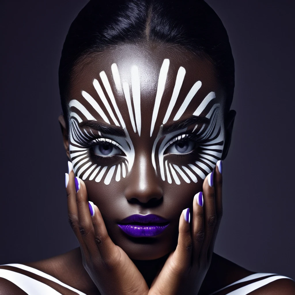 High Resolution, High Quality , Masterpiece . monochrome photography, ebony beauty model face and hands illuminated in a stark contrast to the enveloping darkness, geometric facial art influenced by Willi Baumeister, intricate white luminous paint patterns across the visage, hands featuring white luminous fashion manicure, purple lips adding a pop of color, white stripes creating an alluring play of shadows, reference to Erwin Blumenfeld's style, anatomical precision, winner of Among All About Photo Awards,