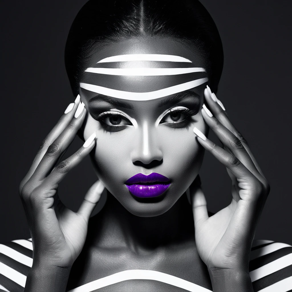 High Resolution, High Quality , Masterpiece . monochrome photography, ebony beauty model face and hands illuminated in a stark contrast to the enveloping darkness, geometric facial art influenced by Willi Baumeister, intricate white luminous paint patterns across the visage, hands featuring white luminous fashion manicure, purple lips adding a pop of color, white stripes creating an alluring play of shadows, reference to Erwin Blumenfeld's style, anatomical precision, winner of Among All About Photo Awards,