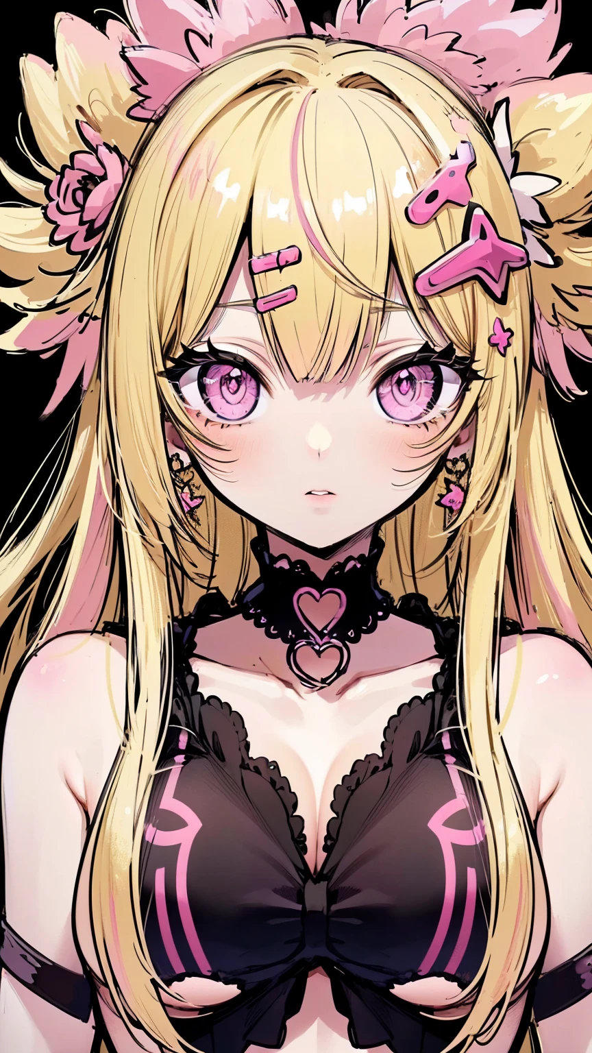 8K, Ultra High Definition, Super detailed, Shiny detailed hair, detailed face, fantasy landscape, solo, looking at viewer, {{best quality}}, {{masterpiece}}, {{ultra-detailed}}, {detailed light}, ultra high quality eyes, detailed eyes, perfect eyes, large eyes, ((detailed pink eyes)), beautiful lips, ((blonde hair)), long hair, beautiful, skinny body, white skin, slutty, erotic, suggestive, ((pink flower hair ornament)), {{nsfw}}