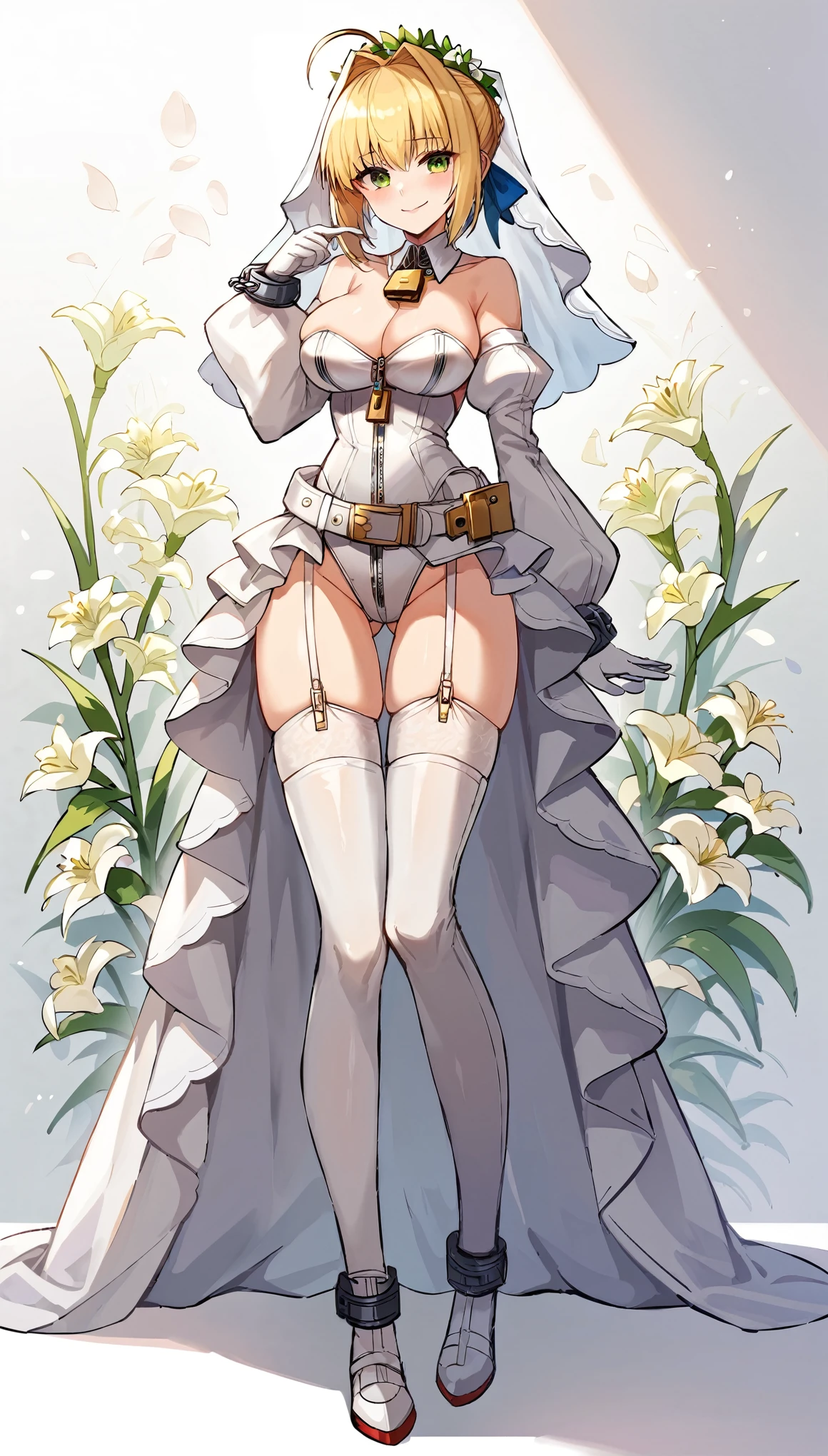 score_9, score_8_up, score_7_up, score_6_up, source anime,nero claudius \(bride\) \(fate\), nero claudius \(bride\) \(second ascension\) \(fate\), nero claudius \(fate\), 1girl, ahoge, ass visible through thighs, belt, blonde hair, breasts, bridal veil, chain, cleavage, cowboy shot, detached collar, detached sleeves, floral background, flower, garter straps, gloves, green eyes, hair intakes, leotard, lily \(flower\), lock, looking at viewer, medium breasts, short hair, smile, solo, standing, thighhighs, veil, white gloves, white leotard, white sleeves, white thighhighs, wreath, zipper, zipper pull tab, padlock, white flower, blush, closed mouth, puffy sleeves, thigh gap, bangs, hand up, long sleeves, bare shoulders, showgirl skirt, strapless leotard, strapless, full-length zipper, wide sleeves, large breasts,