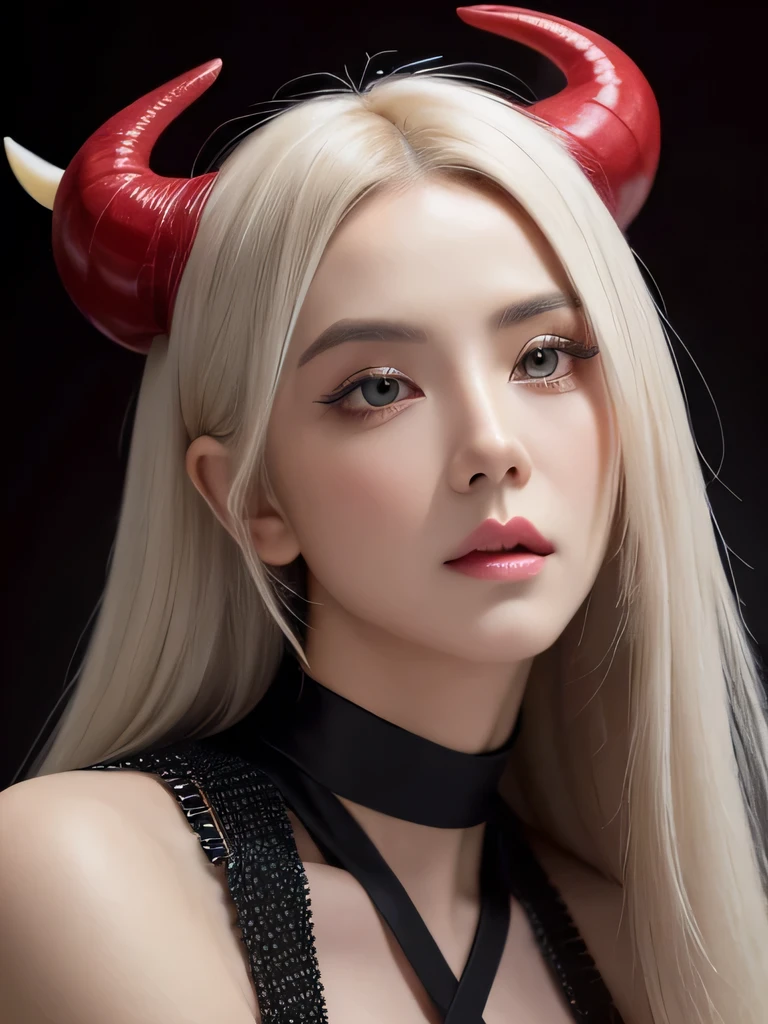 Create a hyper-realistic 8k human portrait of a female, incorporating the characteristics of Lucifer from Helltaker and the detailed facial features described. The portrait should capture Lucifer's essence, with her signature red eyes, white hair, demon horns, and tail, while also reflecting the delicate and harmonious facial features outlined. Her face should be oval-shaped with soft contours, framed by gracefully arched eyebrows and almond-shaped eyes with striking vivid red crimson irises. The cheeks should have high and pronounced cheekbones, casting subtle shadows, and the lips should be full and well-defined, with an elegant contour. Additionally, the hair should be luxuriant, cascading in waves of light-ash blonde with platinum highlights. The attire should consist of a black dress and a black choker around the neck, adding to her allure. She should exude a serene and introspective demeanor, with a slight upturn at the corners of her mouth suggesting hidden depth. The background should be a deep matte black, ensuring she remains the central point of interest. Attention should be paid to fine details, such as the tattoos on her shoulder and upper arm, consisting of elegant black-ink designs of botanical and geometric patterns. Furthermore, she should possess very large bosoms, fitting into an I-sized cup, accentuating her figure, with substantial thighs. This full-body portrait should be rendered with realistic textures and a harmonious color palette, capturing Lucifer's beauty and mystique. georgian type face