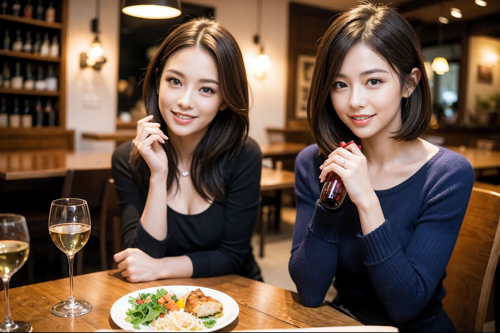 ((highest quality、8k、masterpiece:1.3))、1 male、1 woman who resembles Satomi Ishihara、Couple、Spouse、Couple、The body is slim、((Bob Hale、Straight hair:1.2)), (Realistic, Intricate details:1.2), テーブルの上のwine glass、Shine light on your face、 Amazing view of the sunset sky and clouds、Amazing mountain views、A bright smile、The wonderfulness of smile、Bright image、The beauty of wine, Beautiful Face, blue eyes, The light shines on your face, Blushing, short hair,Bright Face、 (36 years old), 39 years old, red wine 、Appetizers、Italian food、Wine bottle、Champagne、sparkling wine、Two beauties、Brown Hair、Shortcuts、Long sleeve shirt、dress、Pretty Woman 1, (slimな顔), (The body is slim), (Brown Hair), (Shortcuts), cheeks turn a little red,Attractive beauty、restaurant, In a prominent place (From the waist up) Nova Frog Style, actress, model, Upper Body, White wine, slim, wine glass, 中央に置かれたwine glass, smile, (smile: 1.15), Beautiful fine grain, Depth f/2,saturation, High Contrast, Strong light and shadow,Moist Body:1.5、3D texture、Delicate eyes、Brown Hair、The hair is very shiny、