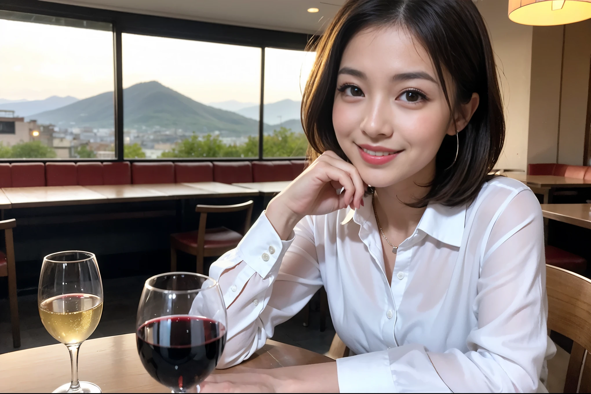 ((highest quality、8k、masterpiece:1.3))、1 male、1 woman who resembles Satomi Ishihara、Couple、Spouse、Couple、The body is slim、((Bob Hale、Straight hair:1.2)), (Realistic, Intricate details:1.2), テーブルの上のwine glass、Shine light on your face、 Amazing view of the sunset sky and clouds、Amazing mountain views、A bright smile、The wonderfulness of smile、Bright image、The beauty of wine, Beautiful Face, blue eyes, The light shines on your face, Blushing, short hair,Bright Face、 (36 years old), 39 years old, red wine 、Appetizers、Italian food、Wine bottle、Champagne、sparkling wine、Two beauties、Brown Hair、Shortcuts、Long sleeve shirt、dress、Pretty Woman 1, (slimな顔), (The body is slim), (Brown Hair), (Shortcuts), cheeks turn a little red,Attractive beauty、restaurant, In a prominent place (From the waist up) Nova Frog Style, actress, model, Upper Body, White wine, slim, wine glass, 中央に置かれたwine glass, smile, (smile: 1.15), Beautiful fine grain, Depth f/2,saturation, High Contrast, Strong light and shadow,Moist Body:1.5、3D texture、Delicate eyes、Brown Hair、The hair is very shiny、