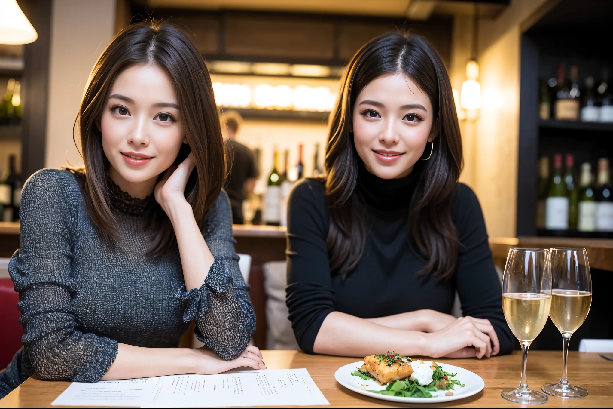 ((highest quality、8k、masterpiece:1.3))、1 male、1 woman who resembles Satomi Ishihara、Couple、Spouse、Couple、The body is slim、((Bob Hale、Straight hair:1.2)), (Realistic, Intricate details:1.2), テーブルの上のwine glass、Shine light on your face、 Amazing view of the sunset sky and clouds、Amazing mountain views、A bright smile、The wonderfulness of smile、Bright image、The beauty of wine, Beautiful Face, blue eyes, The light shines on your face, Blushing, short hair,Bright Face、 (36 years old), 39 years old, red wine 、Appetizers、Italian food、Wine bottle、Champagne、sparkling wine、Two beauties、Brown Hair、Shortcuts、Long sleeve shirt、dress、Pretty Woman 1, (slimな顔), (The body is slim), (Brown Hair), (Shortcuts), cheeks turn a little red,Attractive beauty、restaurant, In a prominent place (From the waist up) Nova Frog Style, actress, model, Upper Body, White wine, slim, wine glass, 中央に置かれたwine glass, smile, (smile: 1.15), Beautiful fine grain, Depth f/2,saturation, High Contrast, Strong light and shadow,Moist Body:1.5、3D texture、Delicate eyes、Brown Hair、The hair is very shiny、