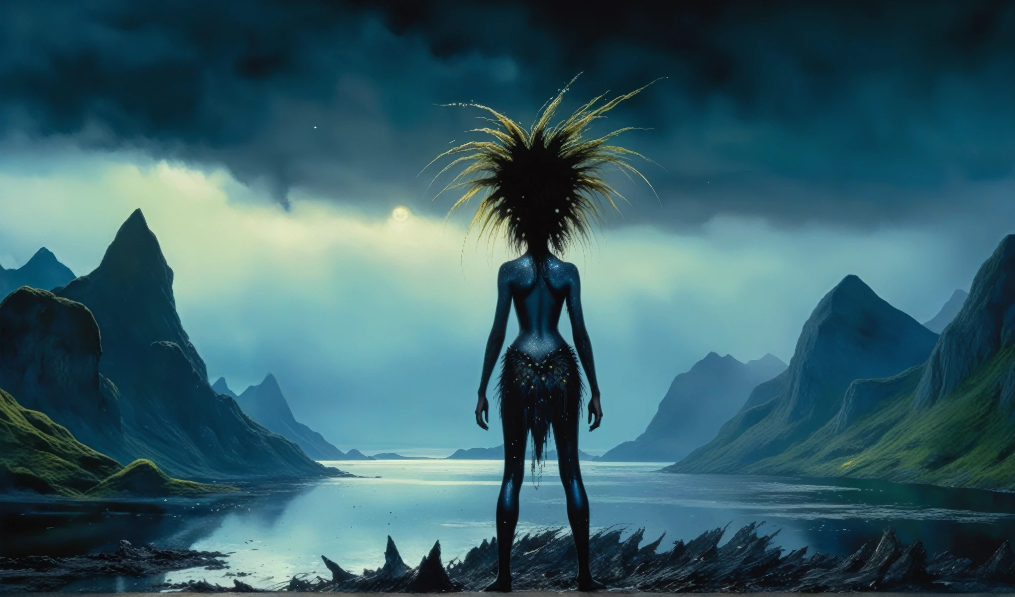 Chalcopyrite Mermaid,moana,golden black make up,longhair,goblin,freckles,pretty face,eyebrow up,full body shot,ominous landscape,glate gray atmosphere,Simon Stalenhag,Nicola Samori,Wangechi Mutu,prime colors,Lisa Frank, ,urban,extremely detailed, [night landscape],masterpiece,intricate details,faded,eyes extremely detailed, high detailed eyes,16k resolution,RAW, Nikon Z9,city on background,chinesse,pixie,sea,RAW,Retina,full body length,Obsidian Chalsedoon Nightcrawler,ominous landscape, niobium Obsidian atmosphere,dangerous atmosphere,intricate details,realistic humid skin,extremely intricate details,Epic Realistic, cinematic style,film grain,dramatic light,anatomically correct,faded,eyes extremely detailed, high detailed eyes,UHD,Retina,HDR,CinematicTechnicolor,natural skin textures, hyper realism, hyper detailed,High contrast,Realism,Ultra Detailed,irina yermolova,close full body shot, masterpiece,faded,8k resolution,RAW, Nikon Z9,Geirangerfjord More og Romsdal County of Norway