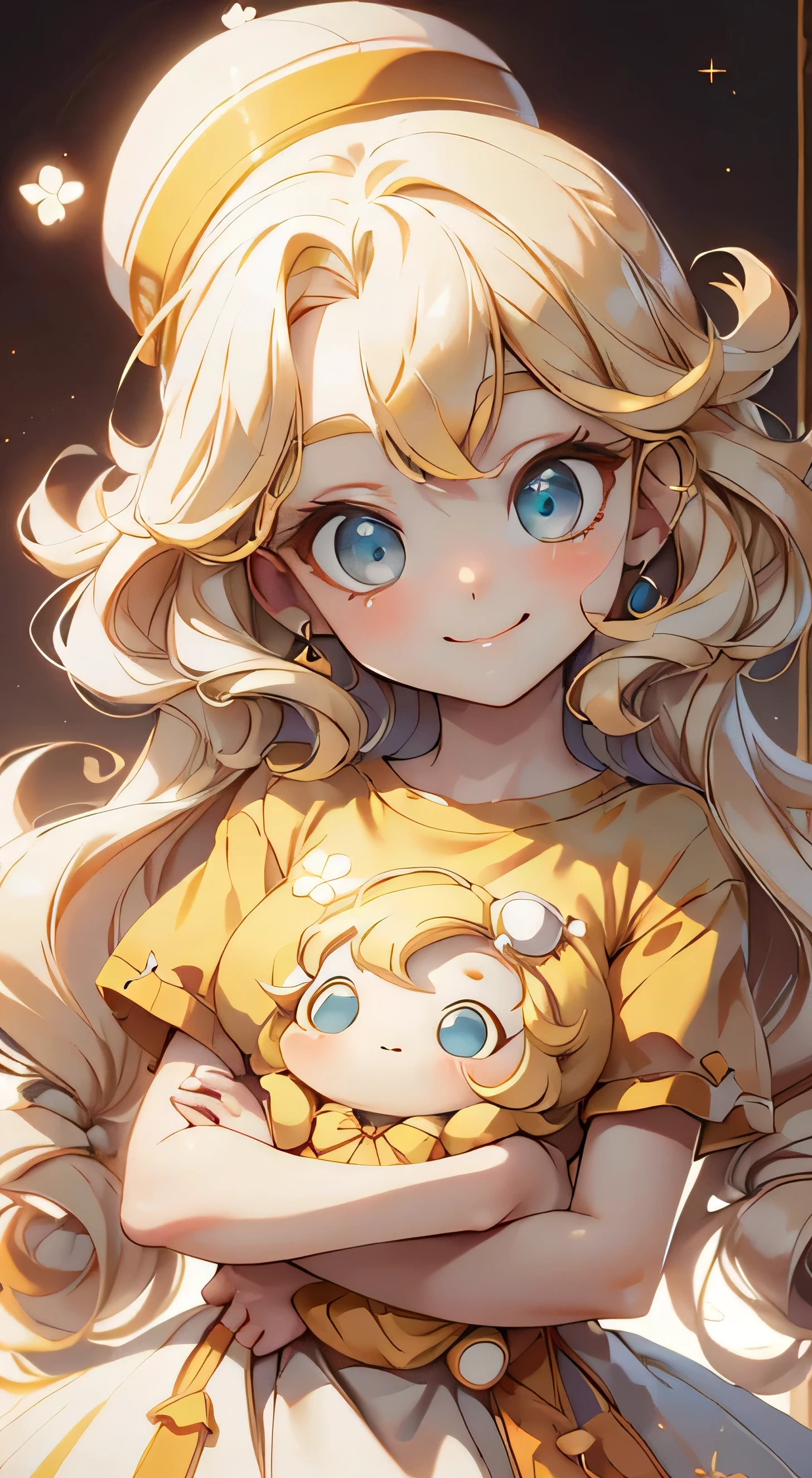 1 girl, Chibi T-shirt, Yellow Hair, Luxury Fabric,,deep, Looking at the audience, White Background、pretty girl、Cute expression、Luxury Dresses、Best image quality、masterpiece、Straight hair、hat、Cute Girls、smile、high resolution、Ultra delicate、Cute eyes