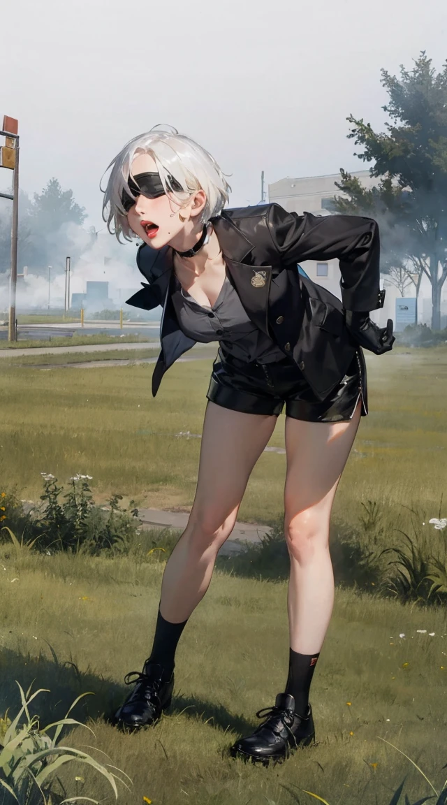 score_9,score_8_up,score_7_up,
yorhaxl,white hair,black blindfold,short hair,black choker,lips,mole under mouth,
standing,black gloves,black shorts,leaning forward,open mouth,
long sleeves,black jacket,buttons,
deserted school yard,fog,grass,
