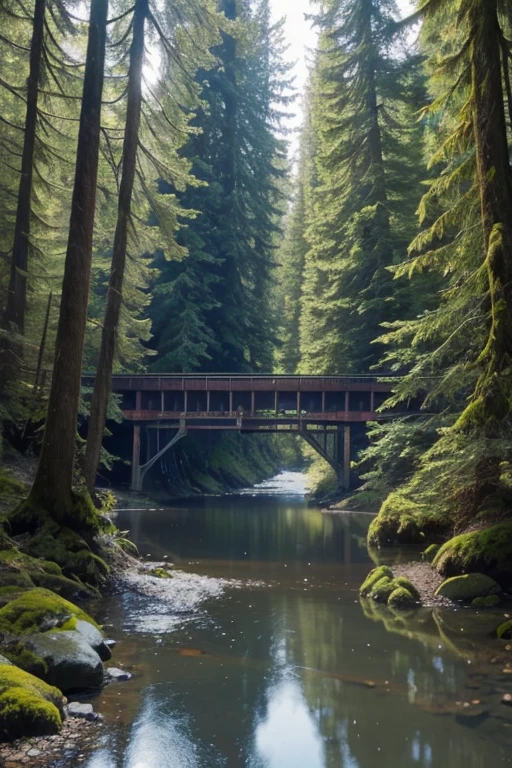 In a pacific northwestern forest, a truss bridge crosses over a calm river with net spanning the length below the bridge and into the water.