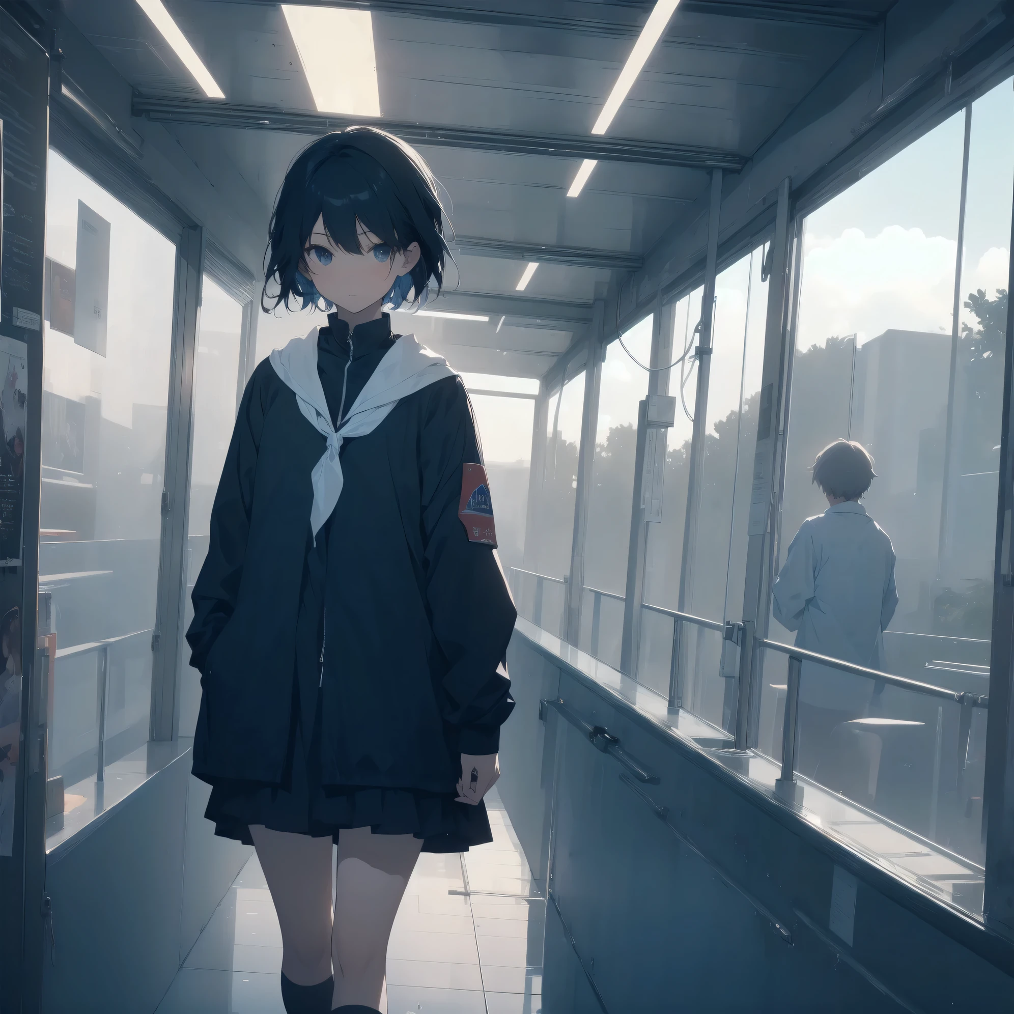 ultra-absurdres-Top quality by artist God, ultra-detailed, high resolution, anime moe artstyle, best anime 8k konachan wallpaper, pixiv contest winner, pool:2810, perfect anatomy,break, 1girl, (Please draw a girl walking sleepily to school alone. )break,(Solo,lolita, little female,13-year-old:1.3),Full limbs, complete fingers, a junior high school student, androgynous charm, (very short hair), flat chest,slender body, Small butt, groin, small black eyes, beautiful detailed eyes, well-proportioned iris and pupils, expressive eyes, highres detailed hair, soft expression, salor school_uniform, sailor collar, serahuku, bow, pleated skirt,(Detailed Lighting), (Detailed background), in the School commute route. break,super detailed skin, Best cinematic lighting powered by famous artist, 8k,beauty illustration,photoshop_(medium),very aesthetic,break,((artist:nyantcha )), artist:clamp ,artist:carnelian ,artist:kantoku ,