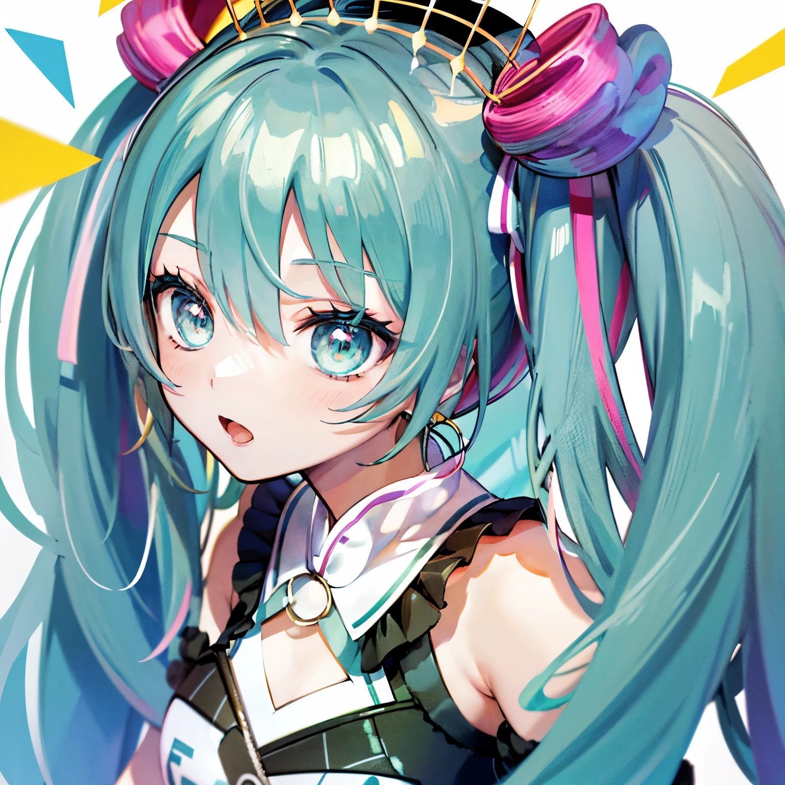 Hatsune Miku, high quality picture, masterpiece, 4k, vinyl costume, heavy make-up, upper eyes, white background with lots of music notes.