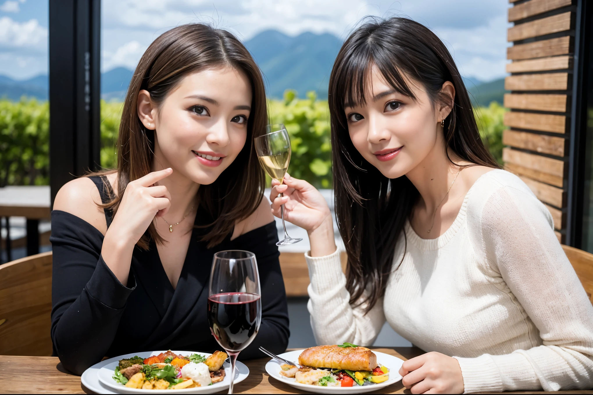 （Realistic:1.1）,(masterpiece,Highest quality)，8k,(49 years old), 51 years old, Model Couple、actress/actor、Tight waist,Upper Body,full-course dinner、wine 、Amazing view of the sunset sky and clouds、Perfect Anatomy, Brown Hair, short hair,Random Hairstyles,((Highly detailed face and eyes:1.2))，Perfect golden ratio face，Long sleeve shirt、dress,(smile:1.2)、Shortcuts、cute、(Realistic, Intricate details:1.2), A bright smile、short hair,Bright Face、赤wine 、Appetizers、Italian food、wine bottle、Champagne、スパークリングwine、(slimな顔), (The body is slim), (Brown Hair), (Shortcuts),  Upper Body, 白wine, slim, wineグラス, 