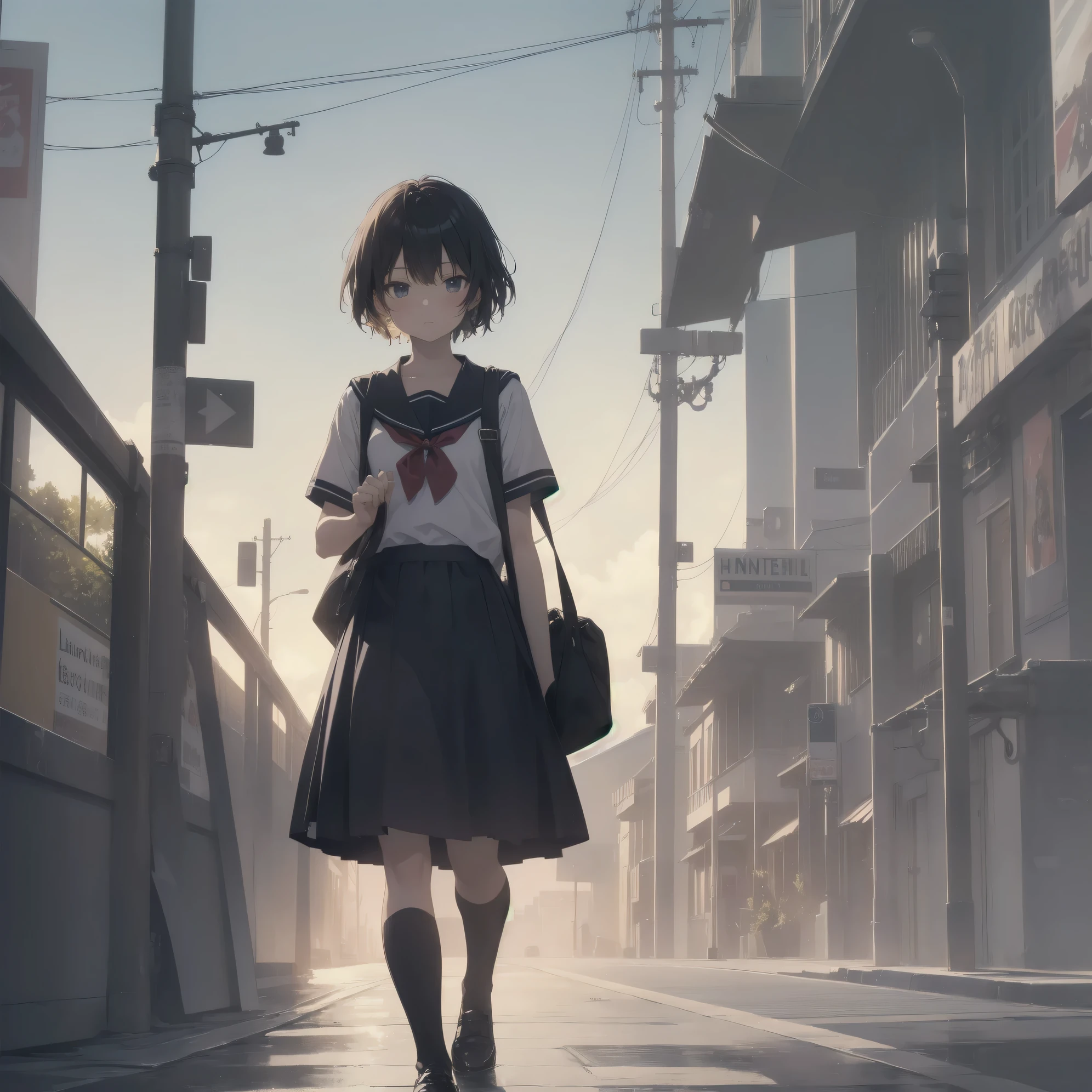 ultra-absurdres-Top quality by artist God, ultra-detailed, high resolution, anime moe artstyle, best anime 8k konachan wallpaper, pixiv contest winner, pool:2810, perfect anatomy,break, 1girl, (Please draw a girl walking sleepily to school alone. )break,(Solo,little female, 13-year-old:1.3),Full limbs, complete fingers,a junior high school student, (very short hair), short cut, flat chest, , small butt, small black eyes, beautiful detailed eyes, well-proportioned iris and pupils, expressive eyes, highres detailed hair, soft expression, salor school_uniform, sailor collar, serahuku, bow, pleated skirt,(Detailed Lighting), (Detailed background), in the School commute route. break,super detailed skin, Best cinematic lighting powered by famous artist, 8k,beauty illustration,photoshop_(medium),very aesthetic,break,((artist:nyantcha )), artist:clamp ,artist:carnelian ,artist:kantoku ,