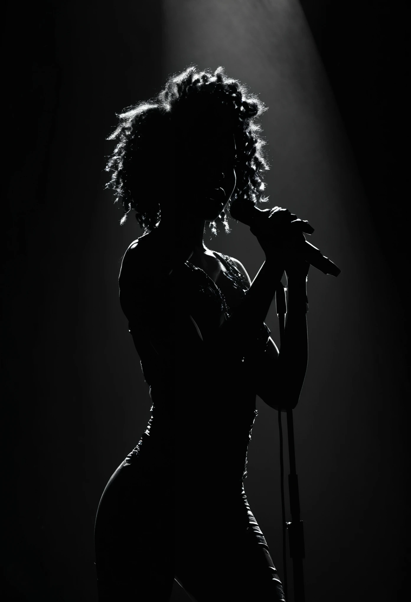 Rorschach images in shape of a black woman,(realistic:1.3), finely detailed, quality, (masterpiece:1.2), (photorealistic:1.2), (best quality), (detailed skin:1.3), (intricate details), dramatic, black female singer on stage with a microphone singing, 21 years old, detailed skin texture, (blush:0.5), serious expression, short hair curls, bangs, hair between eyes, full body portrait shot, dark background, (detailed shadows, monochrome, black and white photo, silhouette, spotlight, dark theme:1.4),