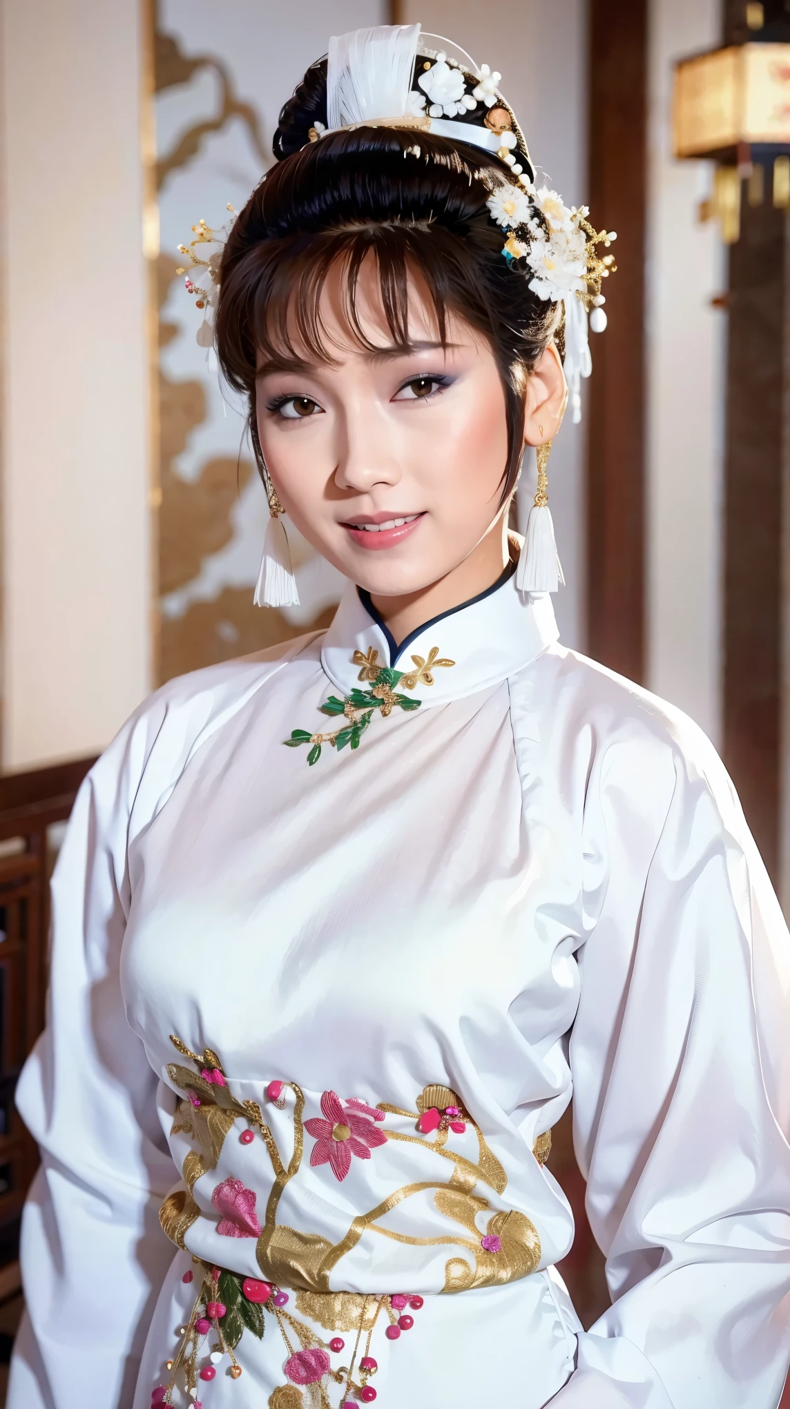 Fashion model 25 years old [[[[close up]]]], [[[[neck]]]], [[[[Shoulder]]]], Perfect eyes, Perfect iris，Perfect lips，Perfect Teeth，Perfect skin，White skin，Soft headlight，High-density imaging review，（Face is clear and delicate），((White Chinese costume))，((Smile))，((Background is Chinese interior))，best quality，masterpiece，（Soft colors：1.2）