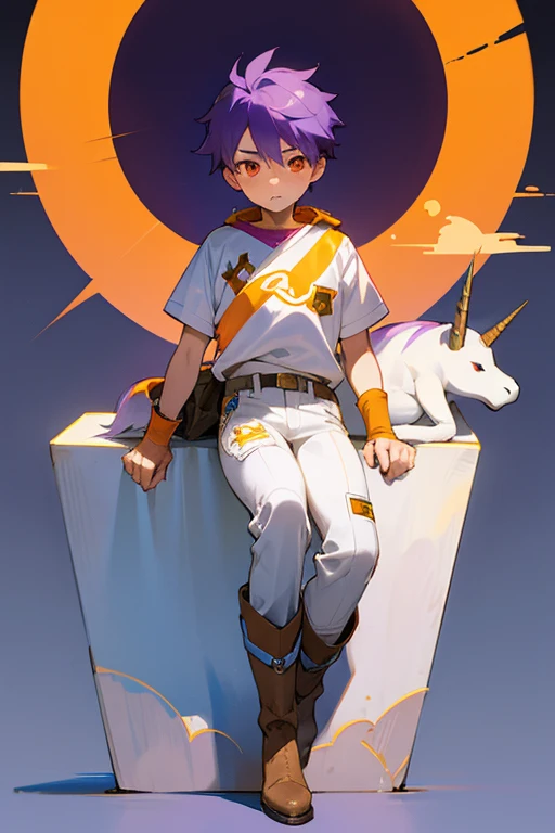  boy, purple hair, orange eyes, full body, white jersey, patched pants, unicorn diaper, worn boots, orphan, poor, sun Seal,  of the Sun, Solar Arrow,