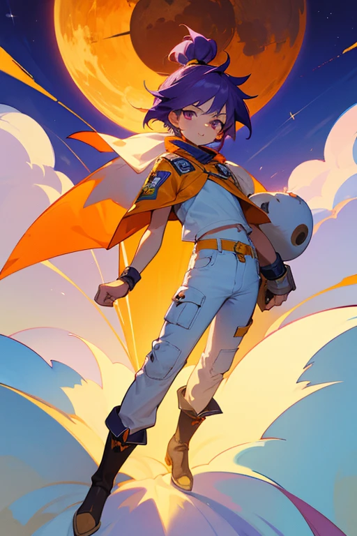 12 year old boy, purple hair, orange eyes, full body, white jersey, patched pants, unicorn diaper, worn boots, orphan, poor, sun Seal,  of the Sun, Solar Arrow,