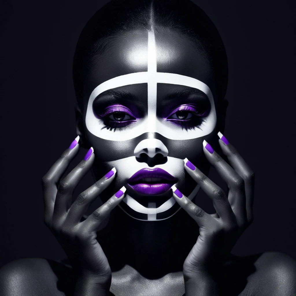 High Resolution, High Quality , Masterpiece . monochrome photography, ebony beauty model face and hands illuminated in a stark contrast to the enveloping darkness, geometric facial art influenced by Willi Baumeister, intricate white luminous paint patterns across the visage, hands featuring white luminous fashion manicure, purple lips adding a pop of color, Dark low key. Background dark dusk. white stripes creating an alluring play of shadows, reference to Erwin Blumenfeld's style, anatomical precision, winner of Among All About Photo Awards,