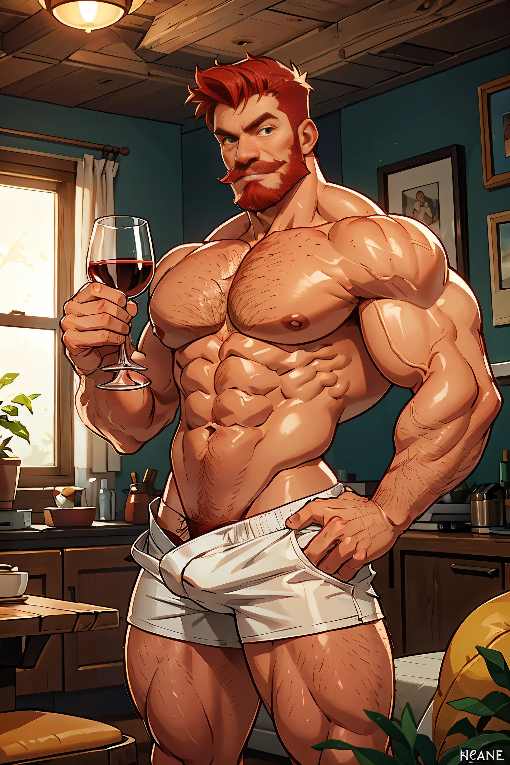 Robust man, muscular body, short wavy red hair, masculine face, red mustache, rustic appearance, green eyes, sensual smile, huge hairy chest, huge biceps, hairy body, freckles on his face, oily and shiny skin. He is standing in the living room with a glass of wine in his left hand, with a bare back and short white and transparent shorts and with a huge bulge in his groin.