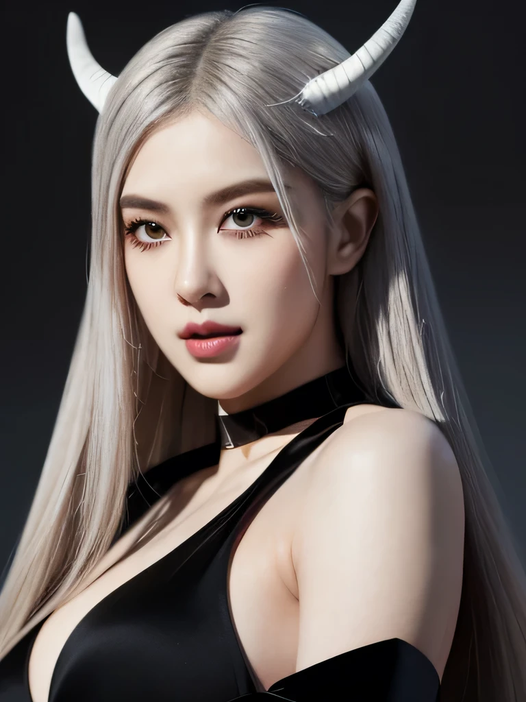 Create a hyper-realistic 8k human portrait of a female, incorporating the characteristics of Lucifer from Helltaker and the detailed facial features described. The portrait should capture Lucifer's essence, with her signature red eyes, white hair, demon horns, and tail, while also reflecting the delicate and harmonious facial features outlined. Her face should be oval-shaped with soft contours, framed by gracefully arched eyebrows and almond-shaped eyes with striking vivid red crimson irises. The cheeks should have high and pronounced cheekbones, casting subtle shadows, and the lips should be full and well-defined, with an elegant contour. Additionally, the hair should be luxuriant, cascading in waves of light-ash blonde with platinum highlights. The attire should consist of a black dress and a black choker around the neck, adding to her allure. She should exude a serene and introspective demeanor, with a slight upturn at the corners of her mouth suggesting hidden depth. The background should be a deep matte black, ensuring she remains the central point of interest. Attention should be paid to fine details, such as the tattoos on her shoulder and upper arm, consisting of elegant black-ink designs of botanical and geometric patterns. Furthermore, she should possess very large bosoms, fitting into an I-sized cup, accentuating her figure, with substantial thighs. This full-body portrait should be rendered with realistic textures and a harmonious color palette, capturing Lucifer's beauty and mystique. georgian type face