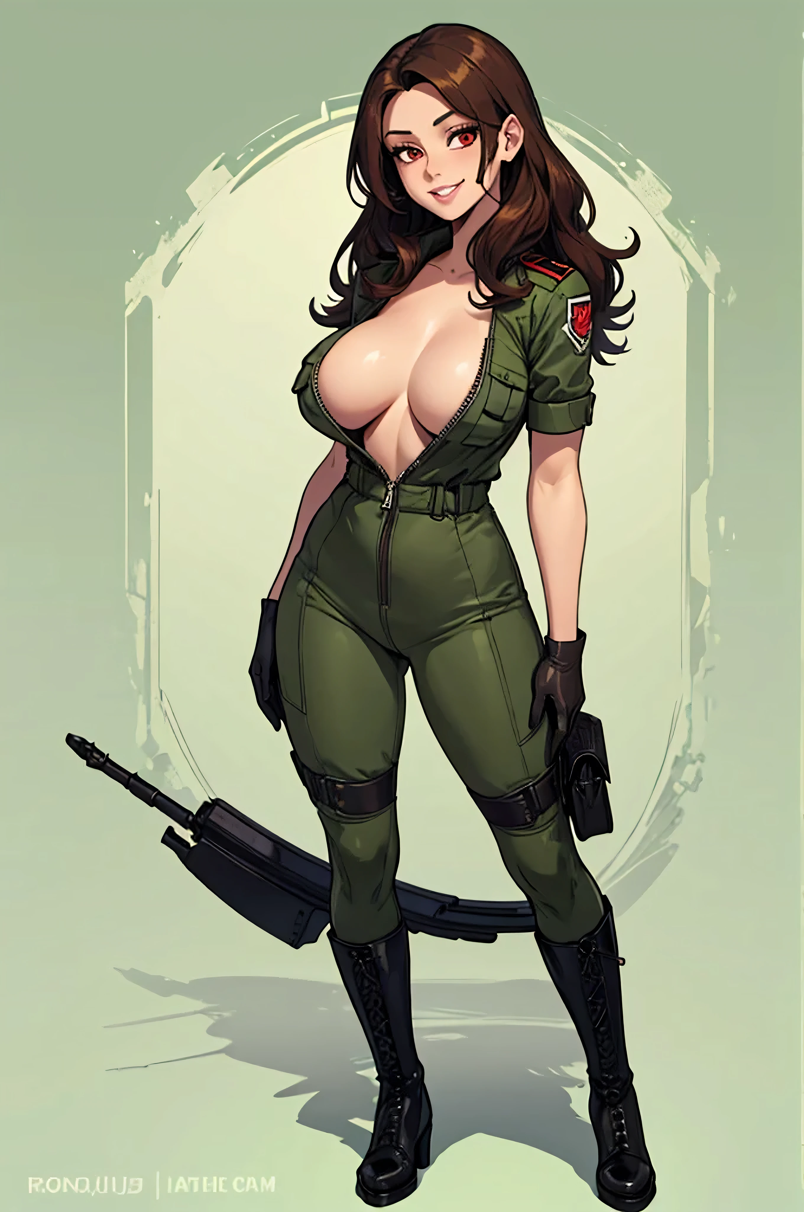 green solid background, 1 woman, best quality, ultra high res, long hair, full lips, brown hair, red eyes, military jumpsuit, smiling at viewers, wearing black gloves, wearing black combat boots, double D breast, standing, full body