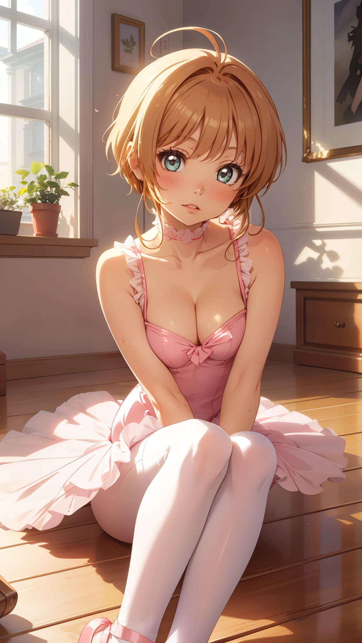 masterpiece, best quality, highres, perfect pixel, depth of field, 1girl, single, solo, beautiful anime girl, beautiful artstyle, (detailed face), (blush), anime CG style, (medium breasts), good lighting, perfect body, lips parted, (sakura kinomoto), glossy lips, cleavage, (ballerina), sleeveless leotard, (tutu), pantyhose, (sitting), (knees bent:1.2), wood floor