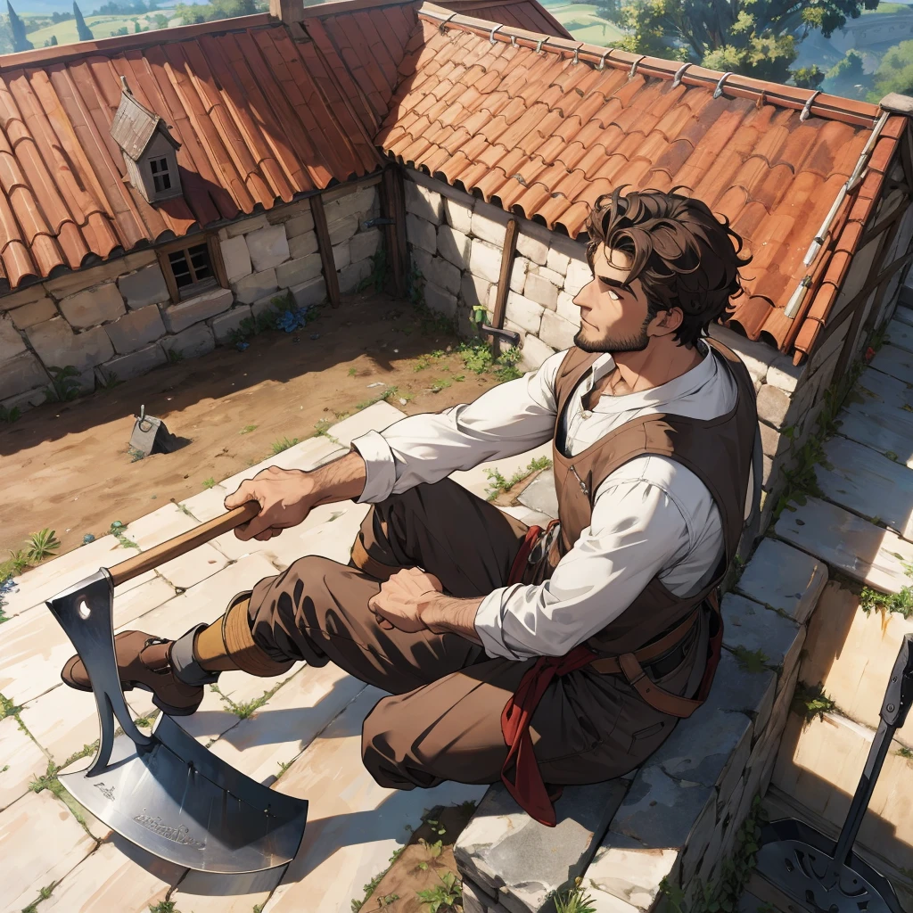back view brown short curly hair man with medieval farmer outfit, sitting on the roof, while holding his shovel