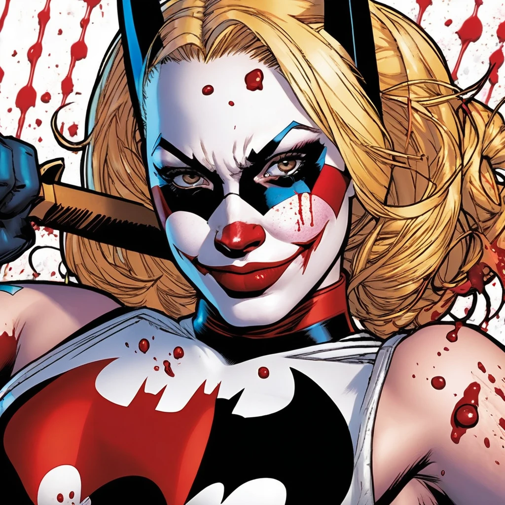 Batman foe Harley Quinn has just finished beating someone to death with a ball bat, blood spatter on her face, set in a bank, close up on her face