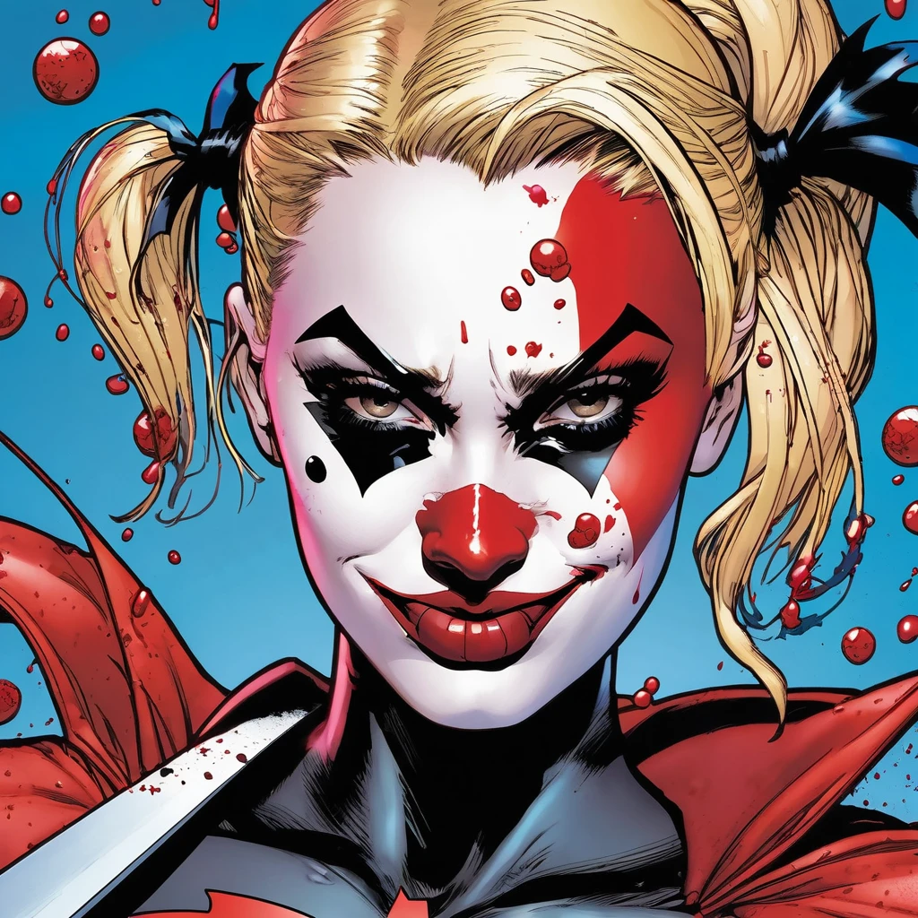 Batman foe Harley Quinn has just finished beating someone to death with a ball bat, blood spatter on her face, set in a bank, close up on her face