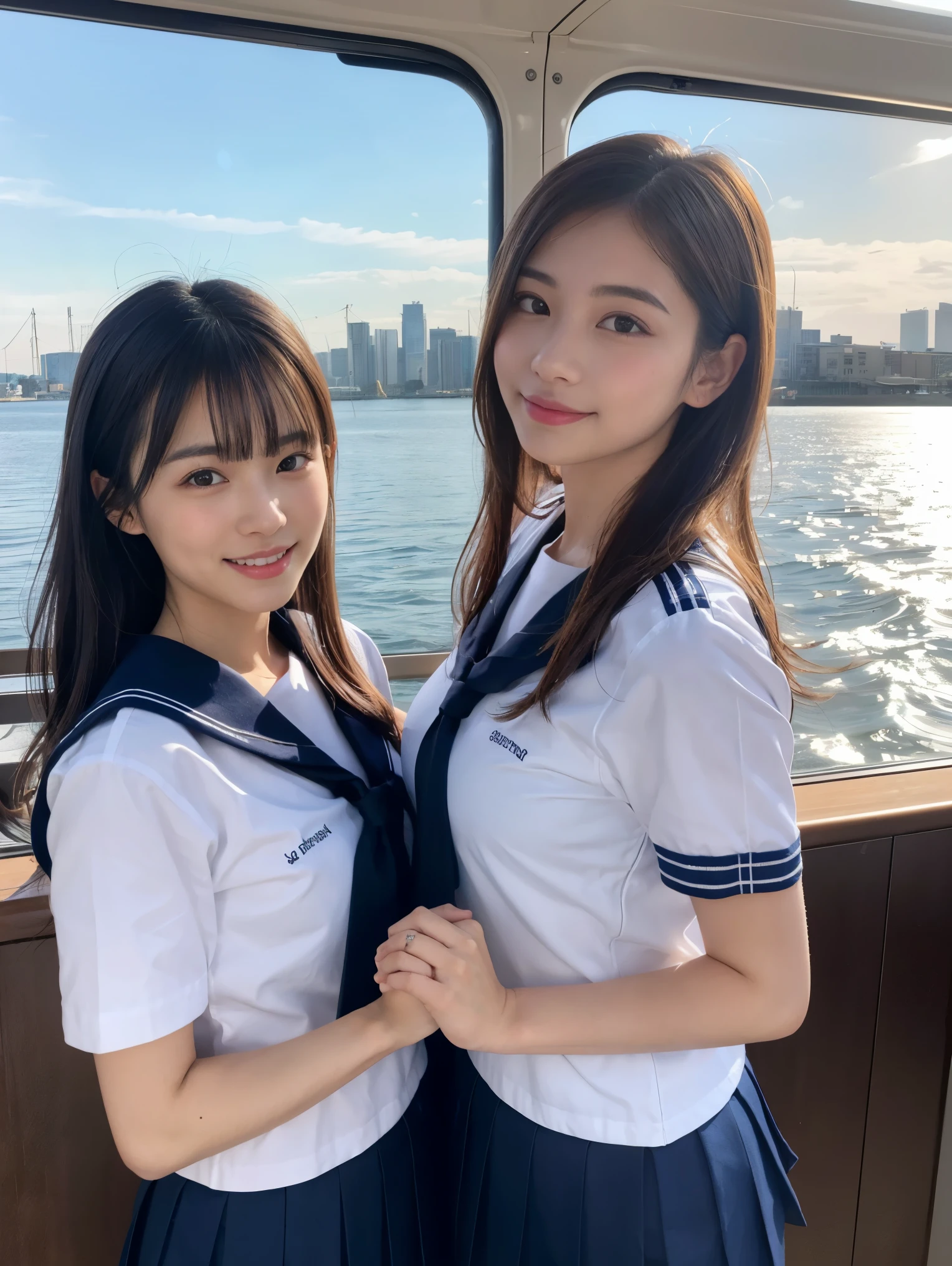 (In 8K、Raw photo、highest quality、masterpiece:1.2)、Ultra-detailed、Ultra-high resolution、(Realistic、real photography:1.47)、(Two women standing close together)Realistic女性、Details that could be mistaken for a human、Very realistic、Hyperrealism j、From above、Camera from the sky、From above見たカメラアングル、I look up and see this、Women holding hands、Hand in hand、High-quality images taken from an aerial camera、Luxurious linen on board、(Very beautiful lighting)Head to waist、White skin、color白の女性の校正、Ultra HD、Beautiful woman proofreading against the light、Incredibly detailed、Highly detailed beautiful girls、Faces with various patterns、Different face patterns、Each hairstyle has its own characteristics、color々Hairstyle、color々きれいな光に輝く髪co like fishing on a boat.、光に輝く茶colorの髪、One of them has a ponytail、、Modern cute 、Highly detailed face、Highly detailed eyes、Very realistic skin、 Highly detailed fingers, Highly detailed nose, Highly detailed mouth, Perfect Anatomy, Very elaborate sailor suit、、The details of the hair and uniform are clearly expressed.、Show me your teeth、Realistic body, White skin, Glowing Skin, The body is slim, Straight long hair, (Blunt bangs:1.2), , nixeu and sakimichan, Tweiss, Seifuku, sakimichan, JK Uniform, Wearing a Japanese uniform, Promotional Steel, Larisa Manovar, Japanese , Japanese Girls , Alena Aenami and Lilia Alvarado