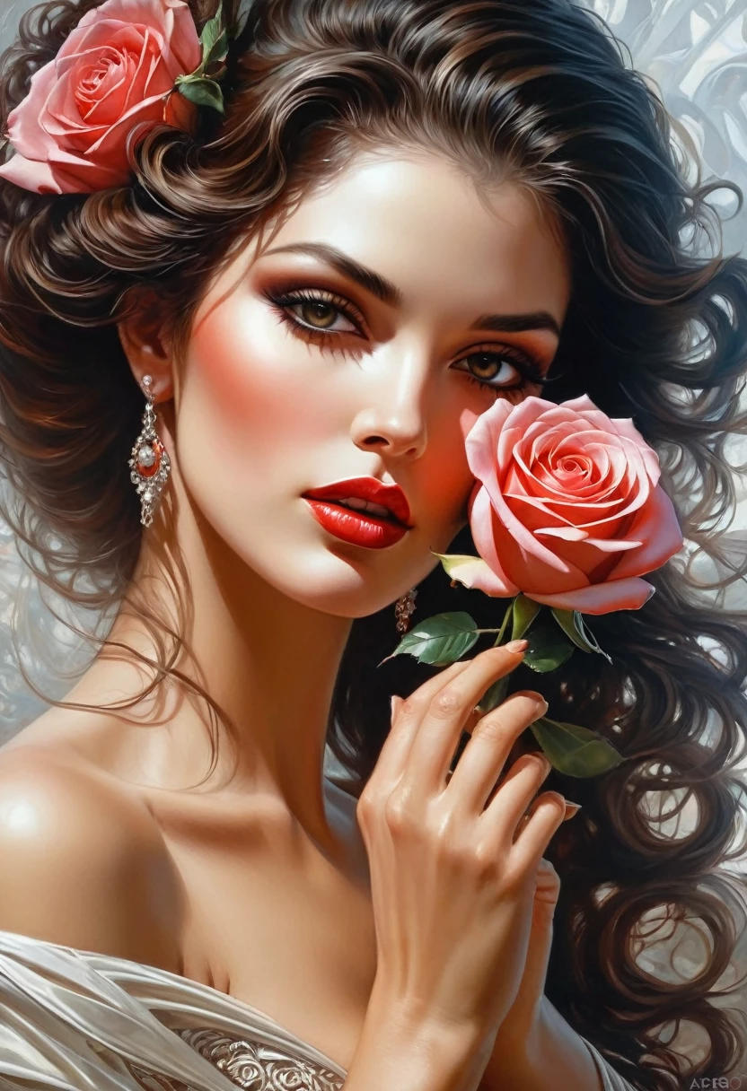 En este cuadro se muestra una mujer con una rosa en la mano., an airbrush painting by Karol Bak, Tendencias en la sociedad CG, fantasy art, karol bak uhd, pintura digital brillante, pintura digital elegante, exquisite digital illustration, gorgeous digital art, imagen de arte digital, beautiful gorgeous digital art, hermoso arte UHD 4K, hermoso arte digital