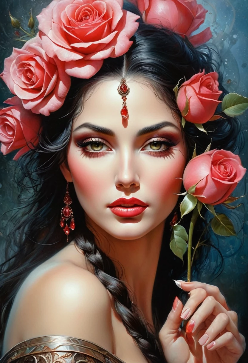 En este cuadro se muestra una mujer con una rosa en la mano., an airbrush painting by Karol Bak, Tendencias en la sociedad CG, fantasy art, karol bak uhd, pintura digital brillante, pintura digital elegante, exquisite digital illustration, gorgeous digital art, imagen de arte digital, beautiful gorgeous digital art, hermoso arte UHD 4K, hermoso arte digital