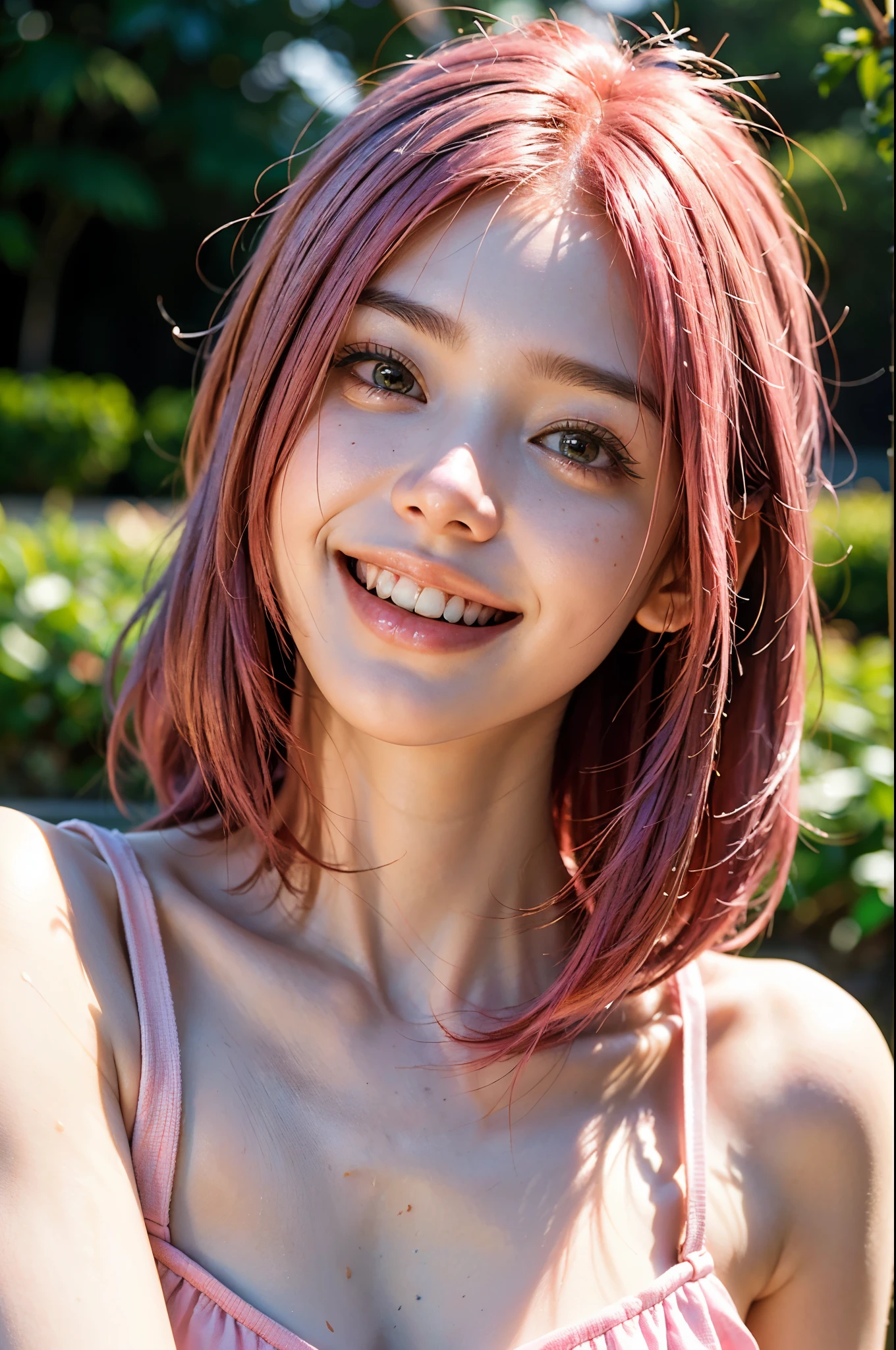 highest quality, masterpiece, Ultra-high resolution, (Realistic:1.6), (Close-up portrait) RAW Photos, 1 girl,22 years old,((I'm showing my teeth and smiling)),((Big smile)),((look up)),((Random cute poses)),,((Passionate pink haired girl )),((Short bangs)),