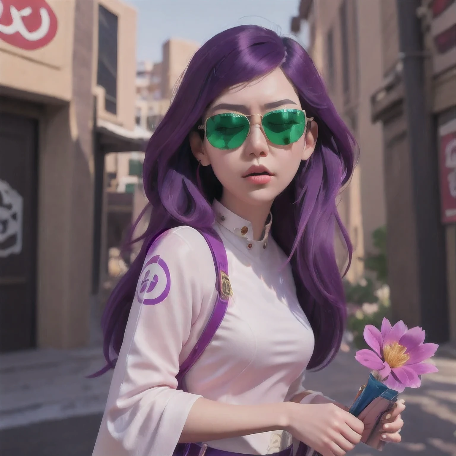 🌺 wearing a purple outfit and sunglasses with a purple choke, trending on cgstation, artwork in the style of guweiz, inspired by Yanjun Cheng, guweiz, deviantart artstation cgscosiety, 🌺 cgsociety, 3 d render character art 8 k, g 🌺 art style, inspired by Feng 🌺,sunglasses,（（Imperial Green Emerald Desert Windproof Sunglasses））With eyes closed